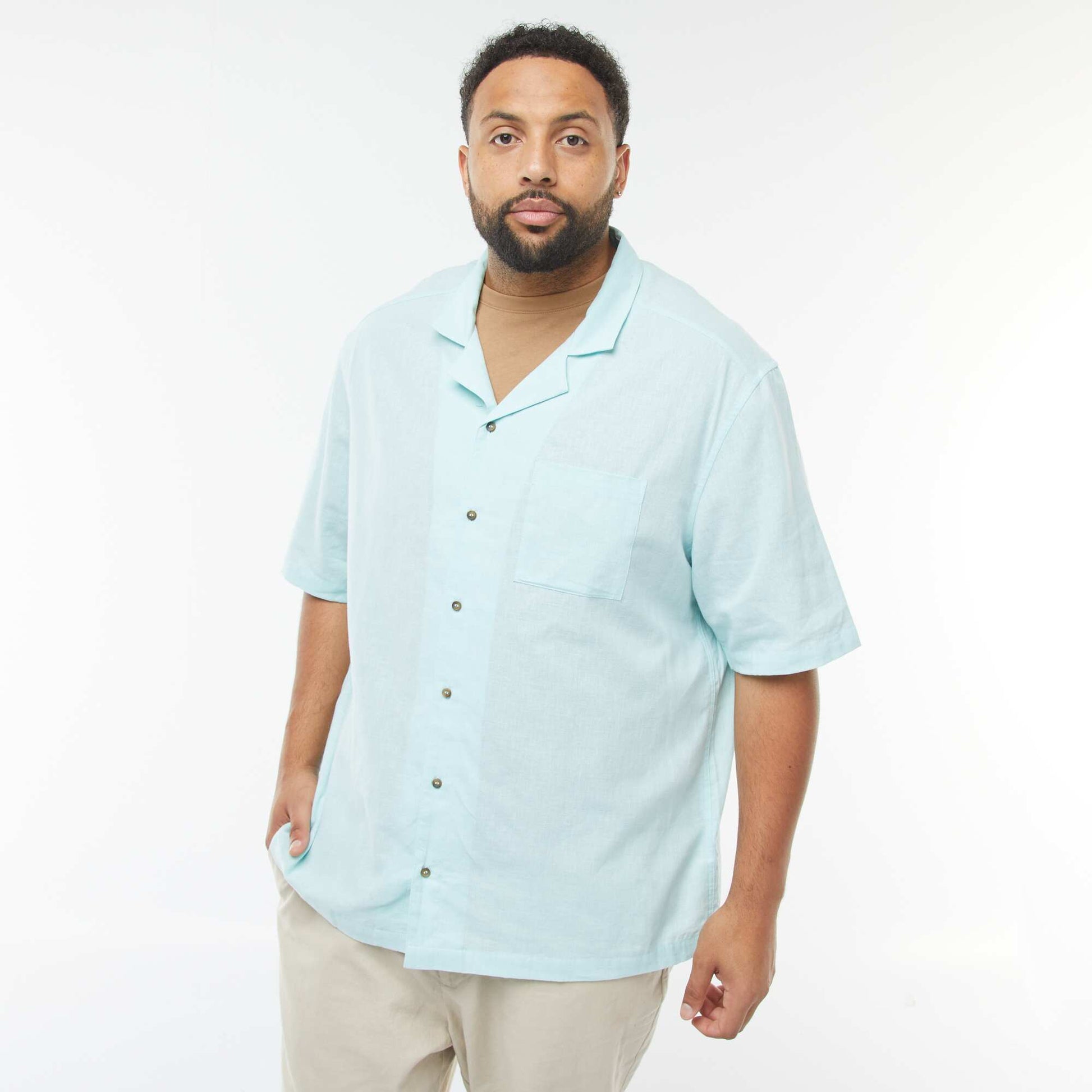 Short-sleeved linen-blend shirt BLUE