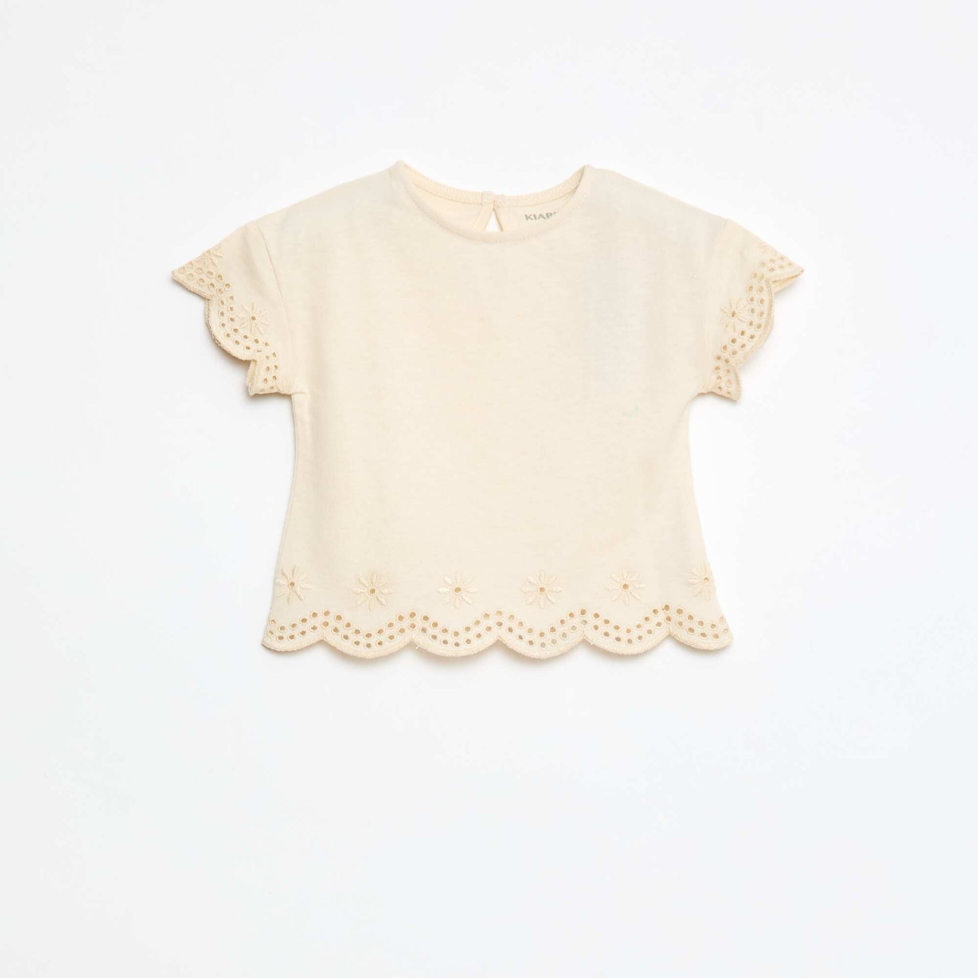 Jersey T-shirt with short broderie anglaise sleeves WHITE