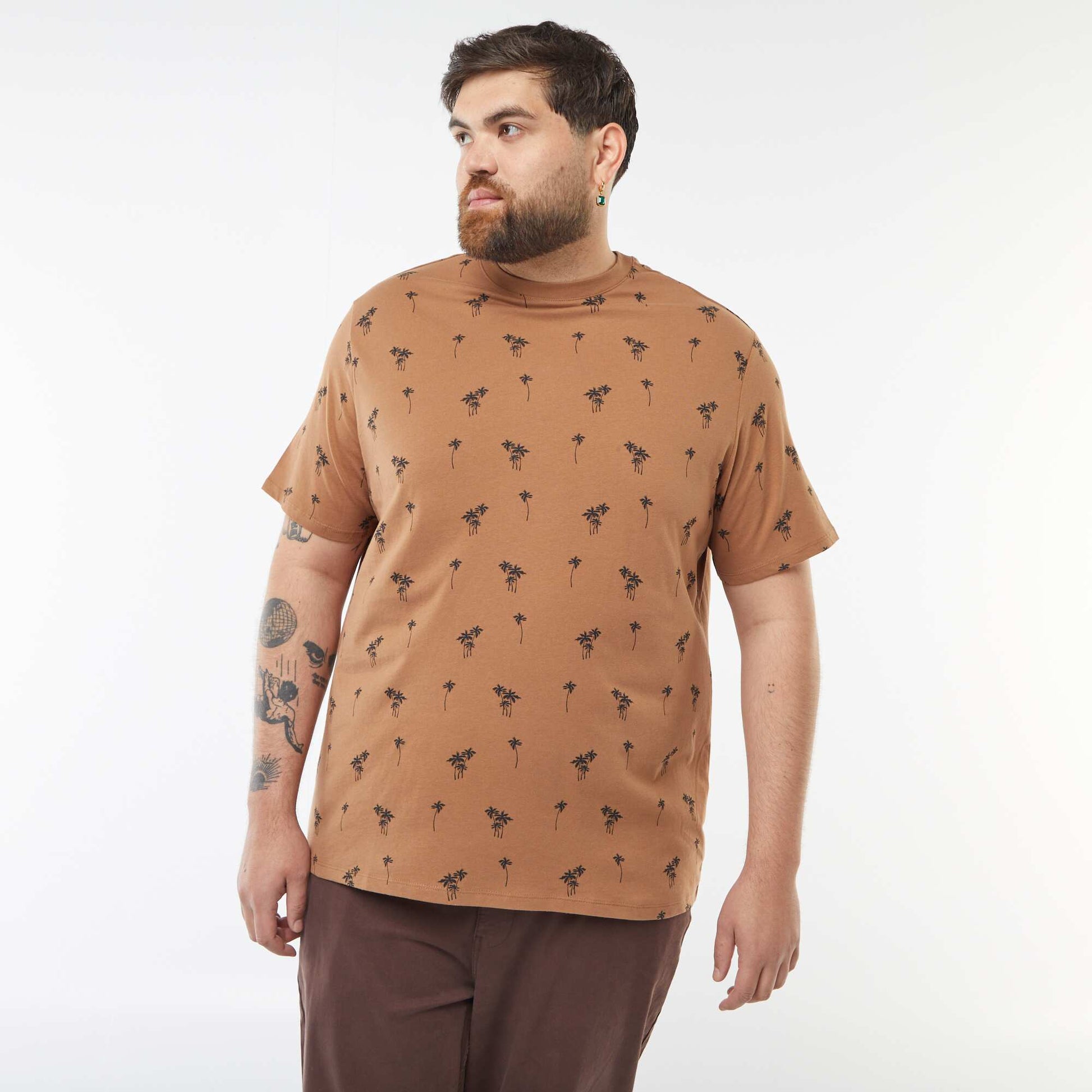Patterned short-sleeved T-shirt BROWN