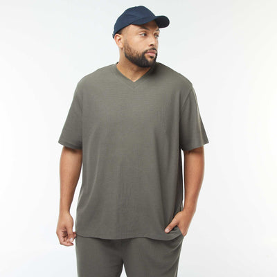 Textured knit V-neck T-shirt KHAKI
