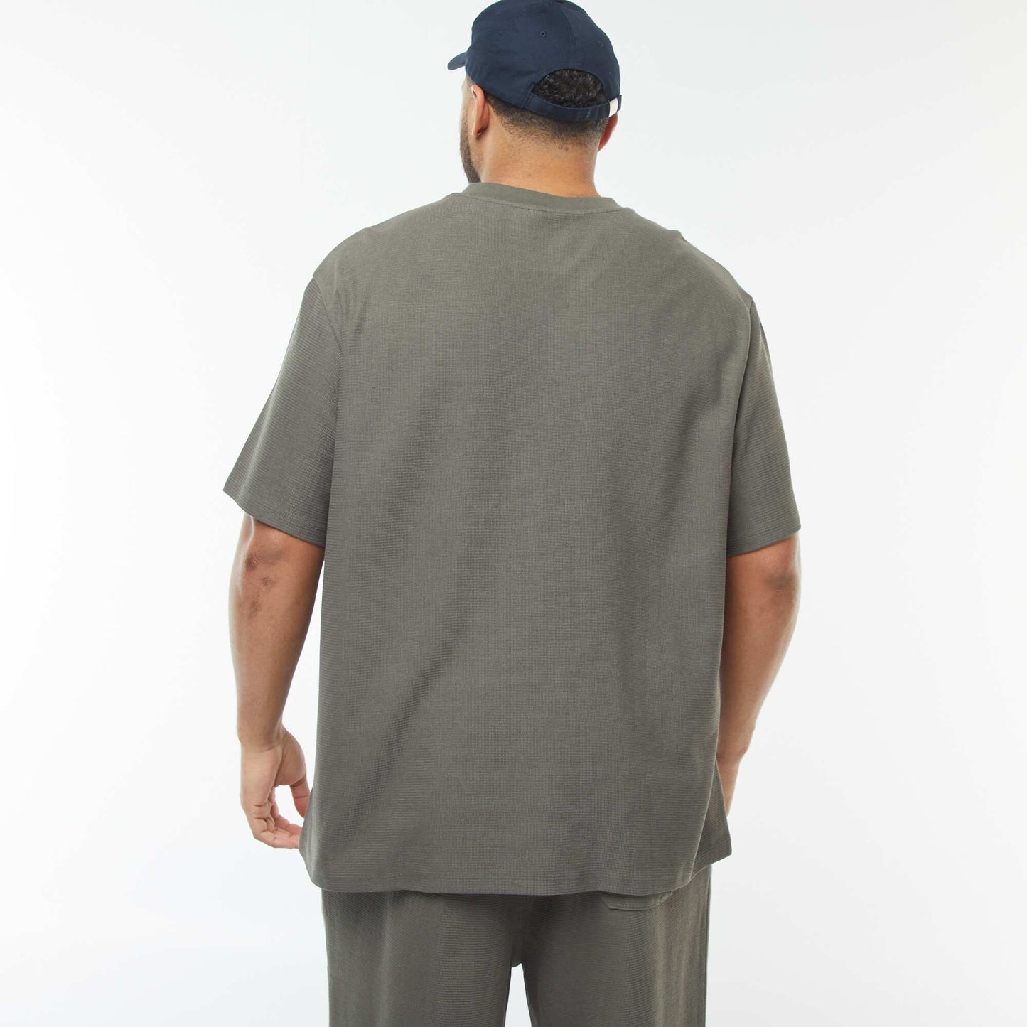 Textured knit V-neck T-shirt KHAKI