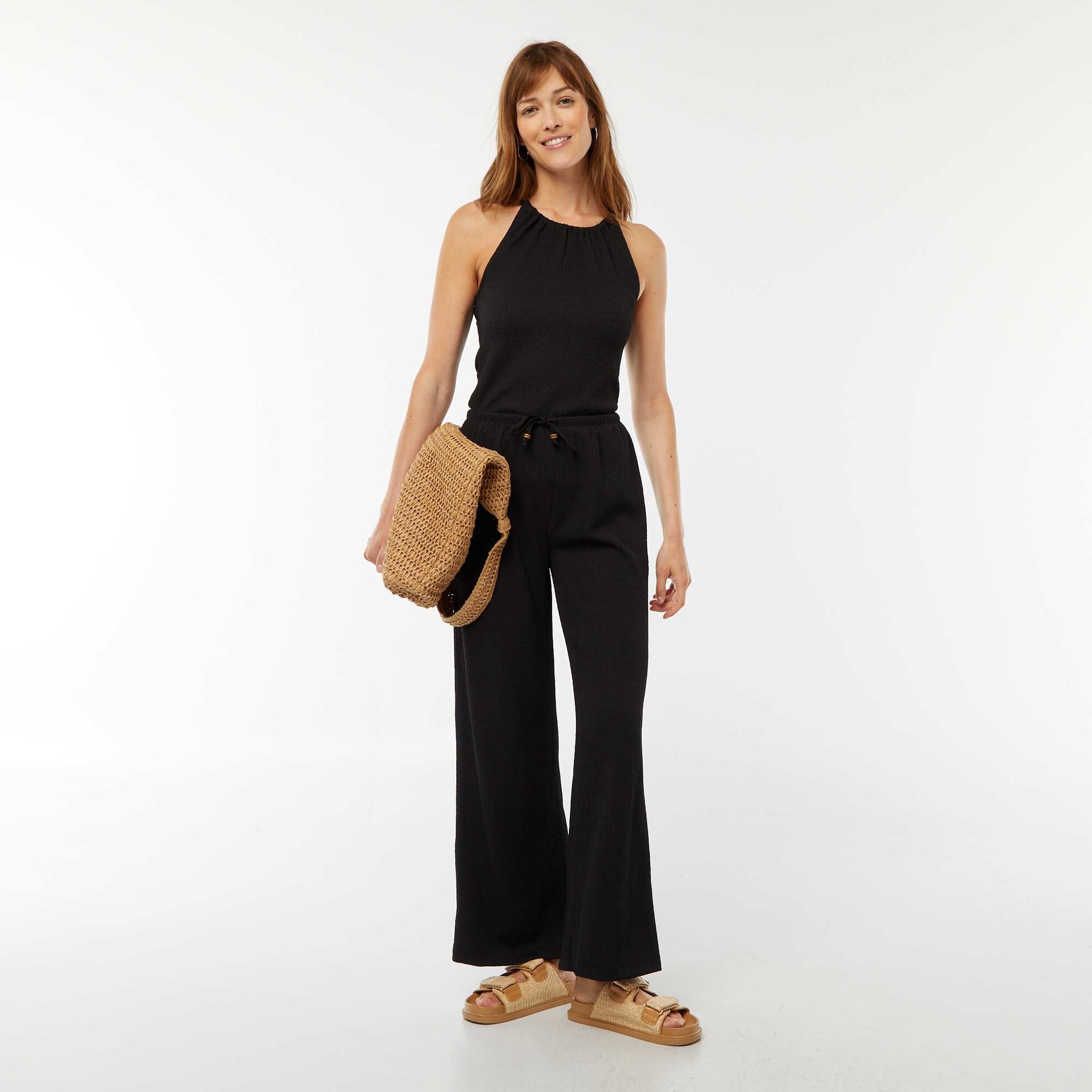 Waffle-knit vest top with adjustable straps BLACK