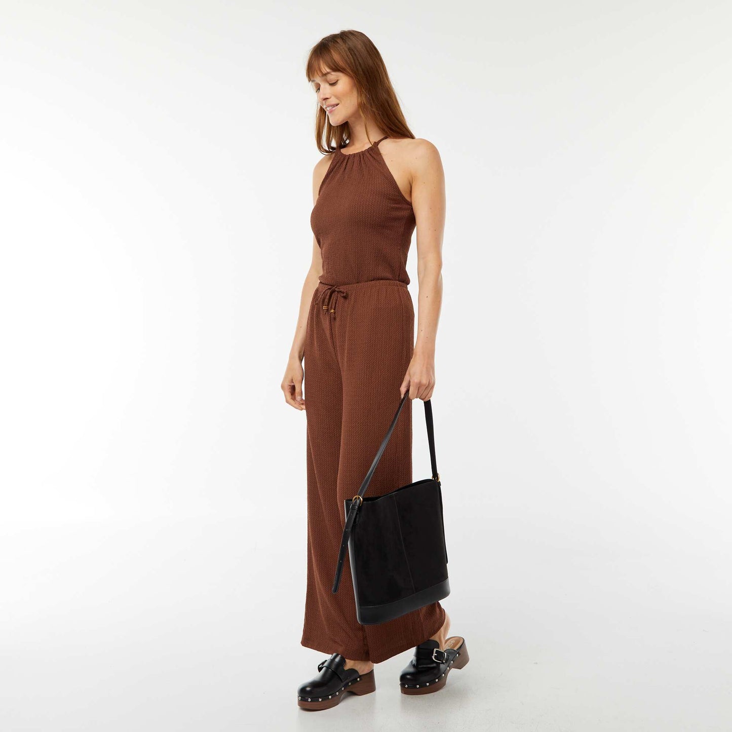 Waffle-knit vest top with adjustable straps BROWN