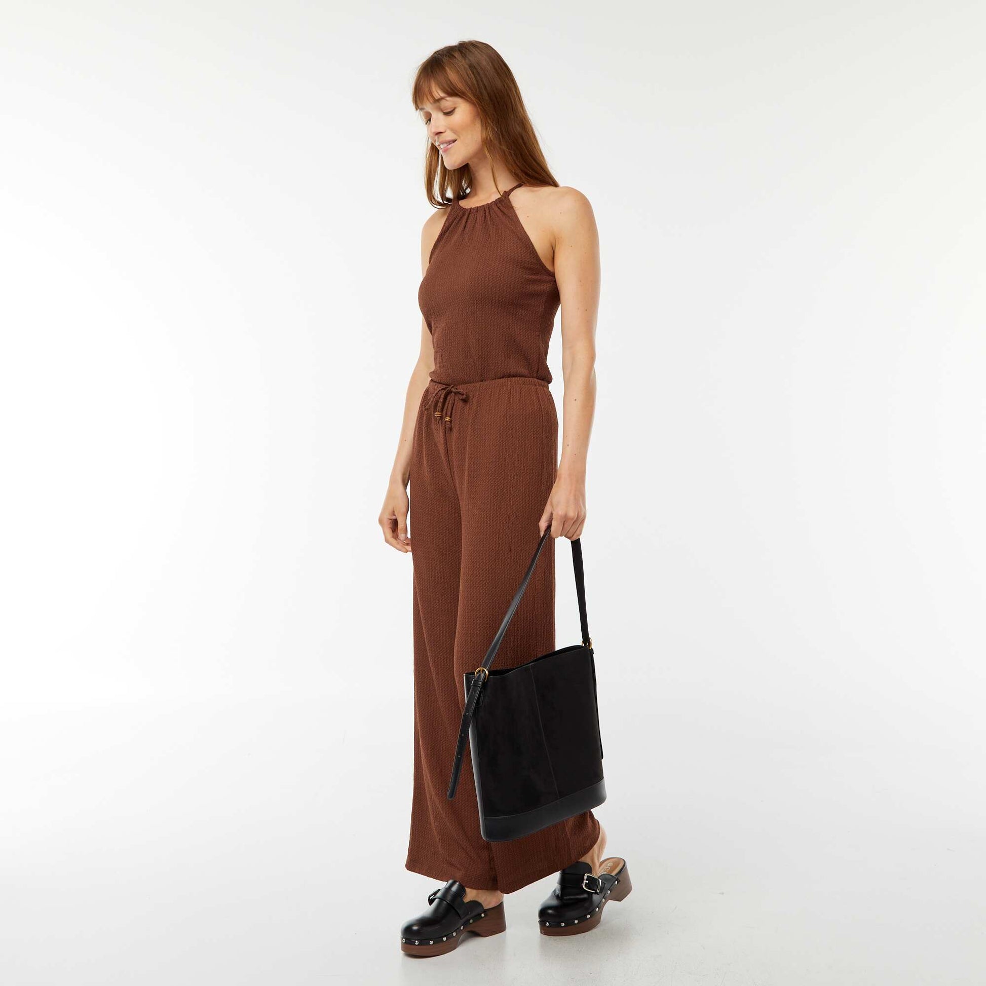 Waffle-knit vest top with adjustable straps BROWN