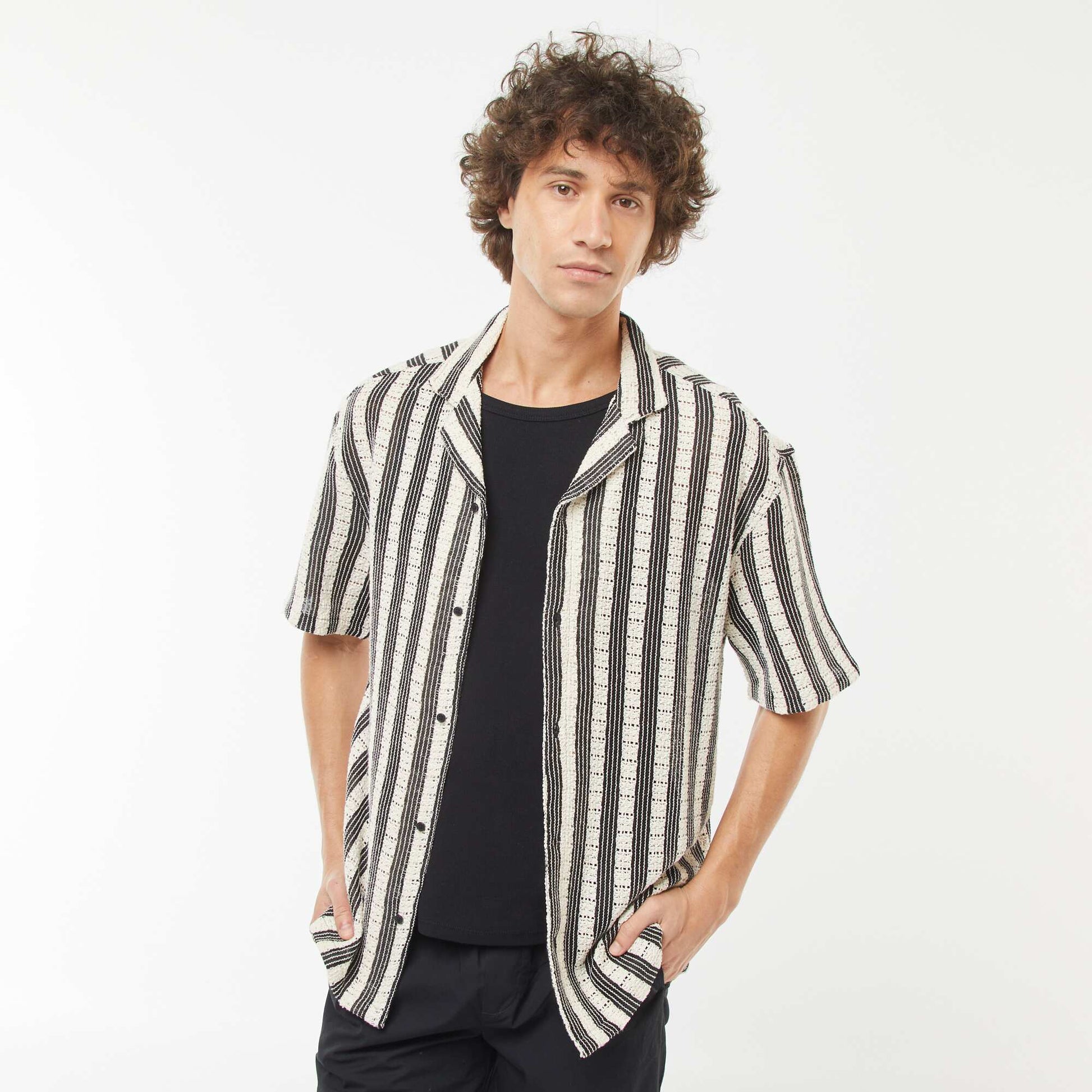 Short-sleeved openwork fabric shirt BEIGE
