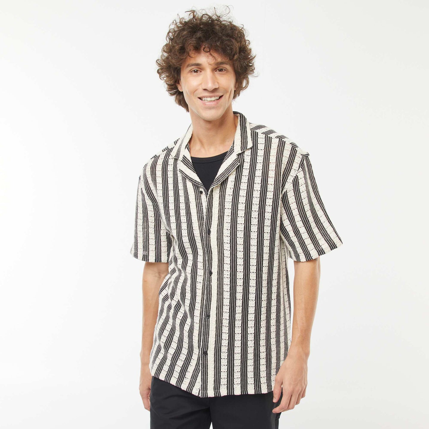Short-sleeved openwork fabric shirt BEIGE
