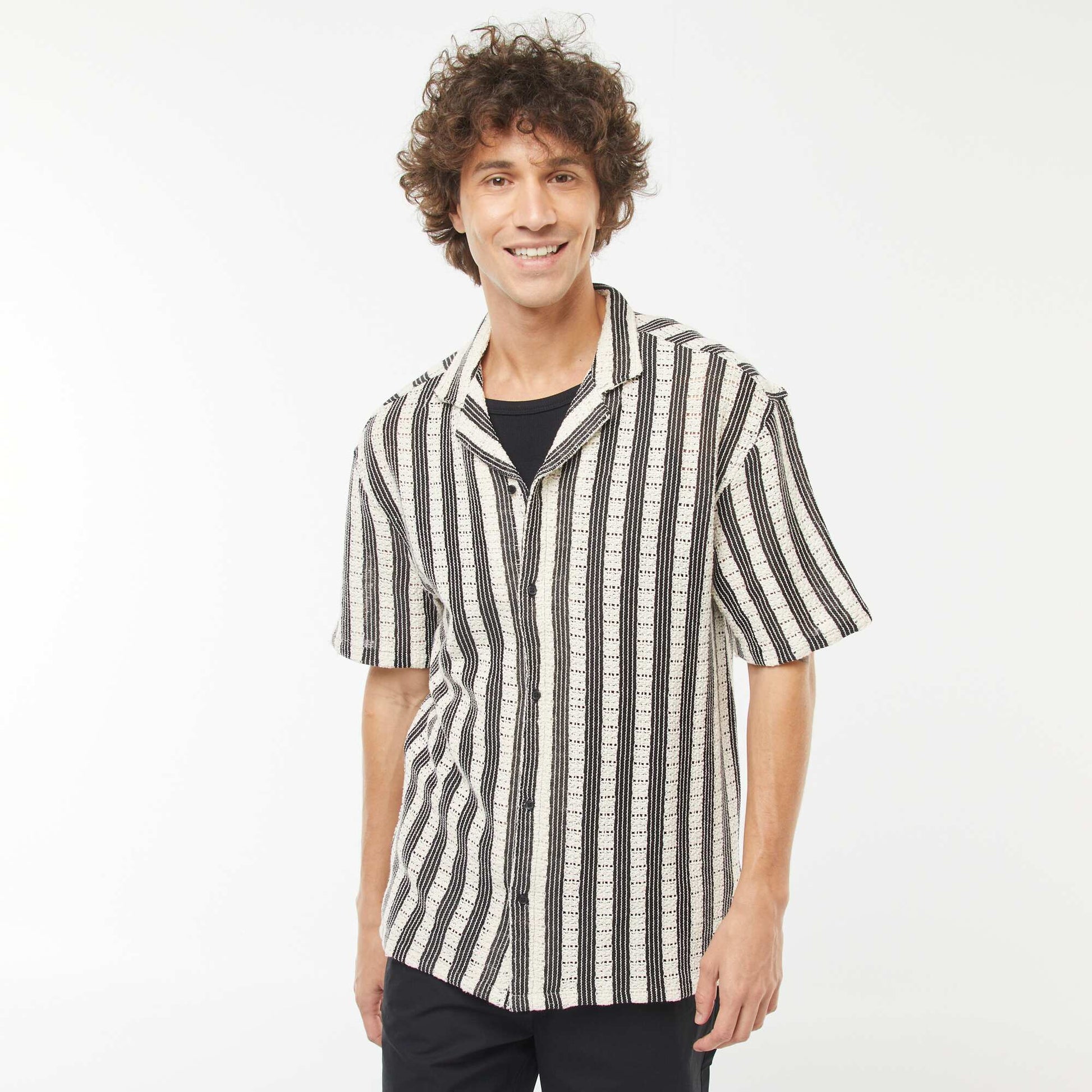 Short-sleeved openwork fabric shirt BEIGE