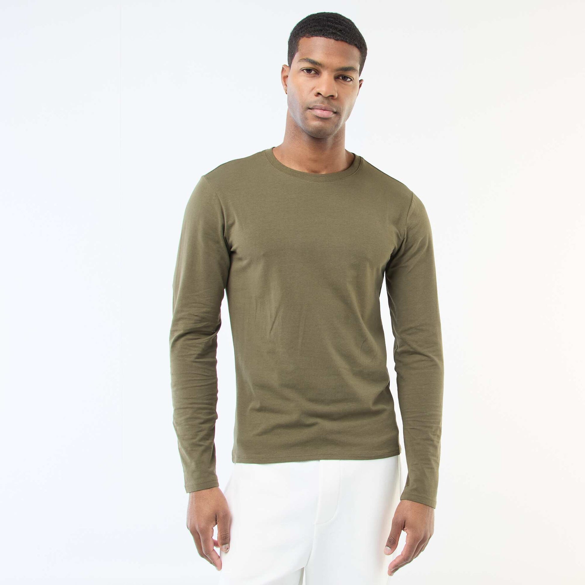 Plain Long-Sleeved Crew Neck T-Shirt KHAKI