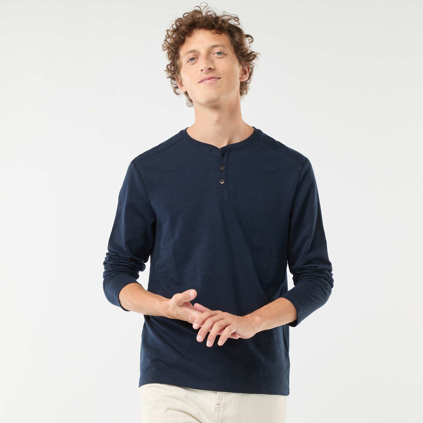 Long-sleeved T-shirt with henley collar BLUE