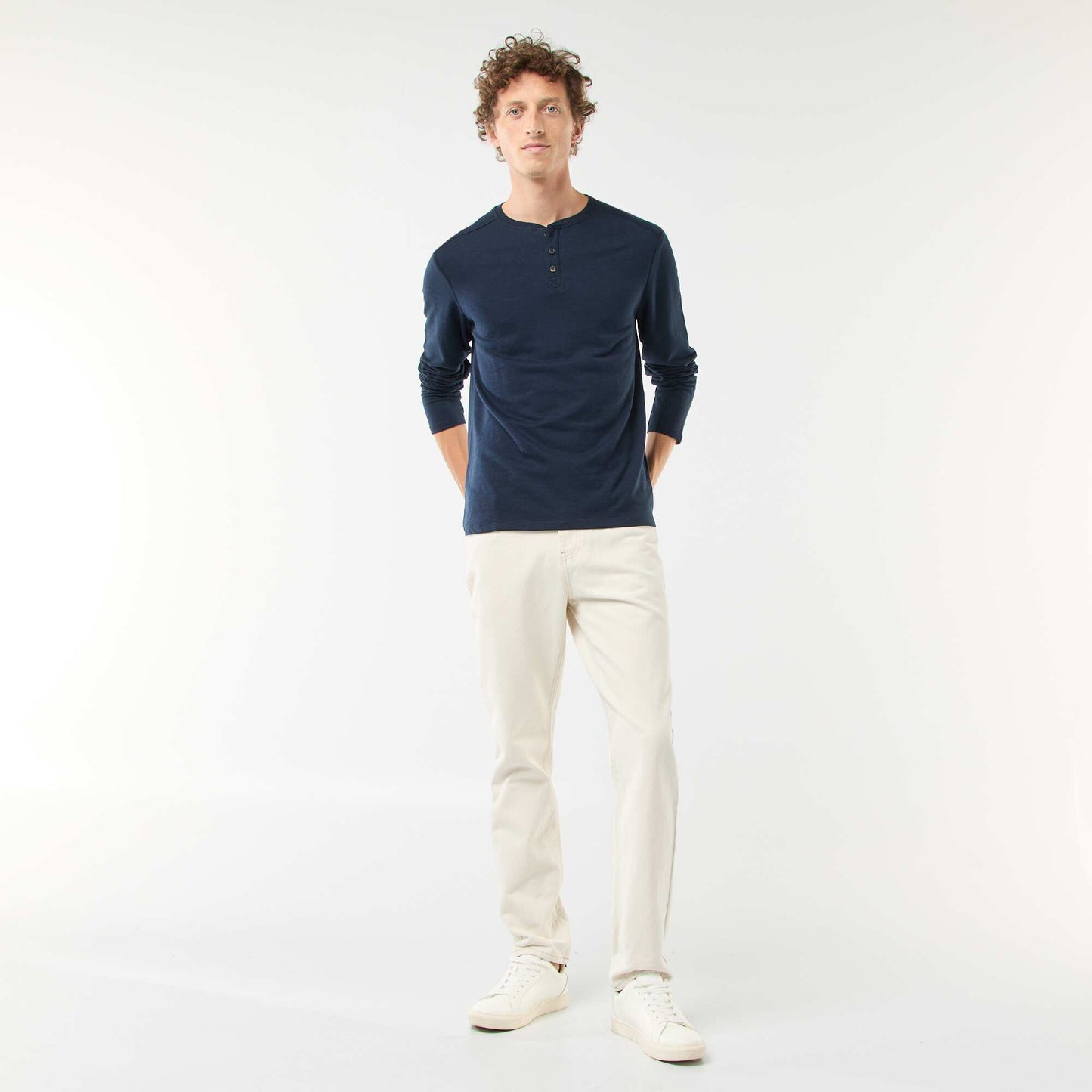 Long-sleeved T-shirt with henley collar BLUE