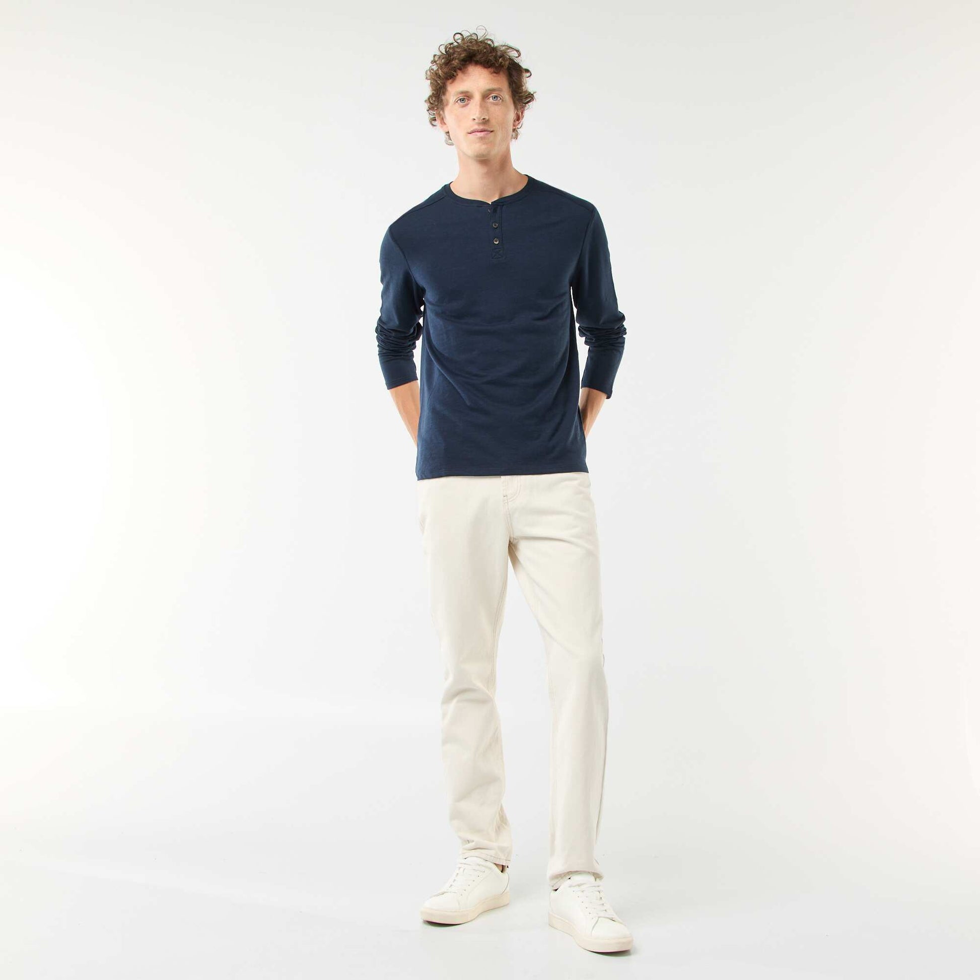 Long-sleeved T-shirt with henley collar BLUE