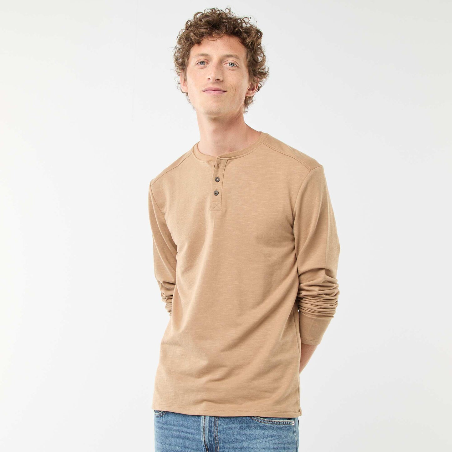Long-sleeved T-shirt with henley collar BEIGE