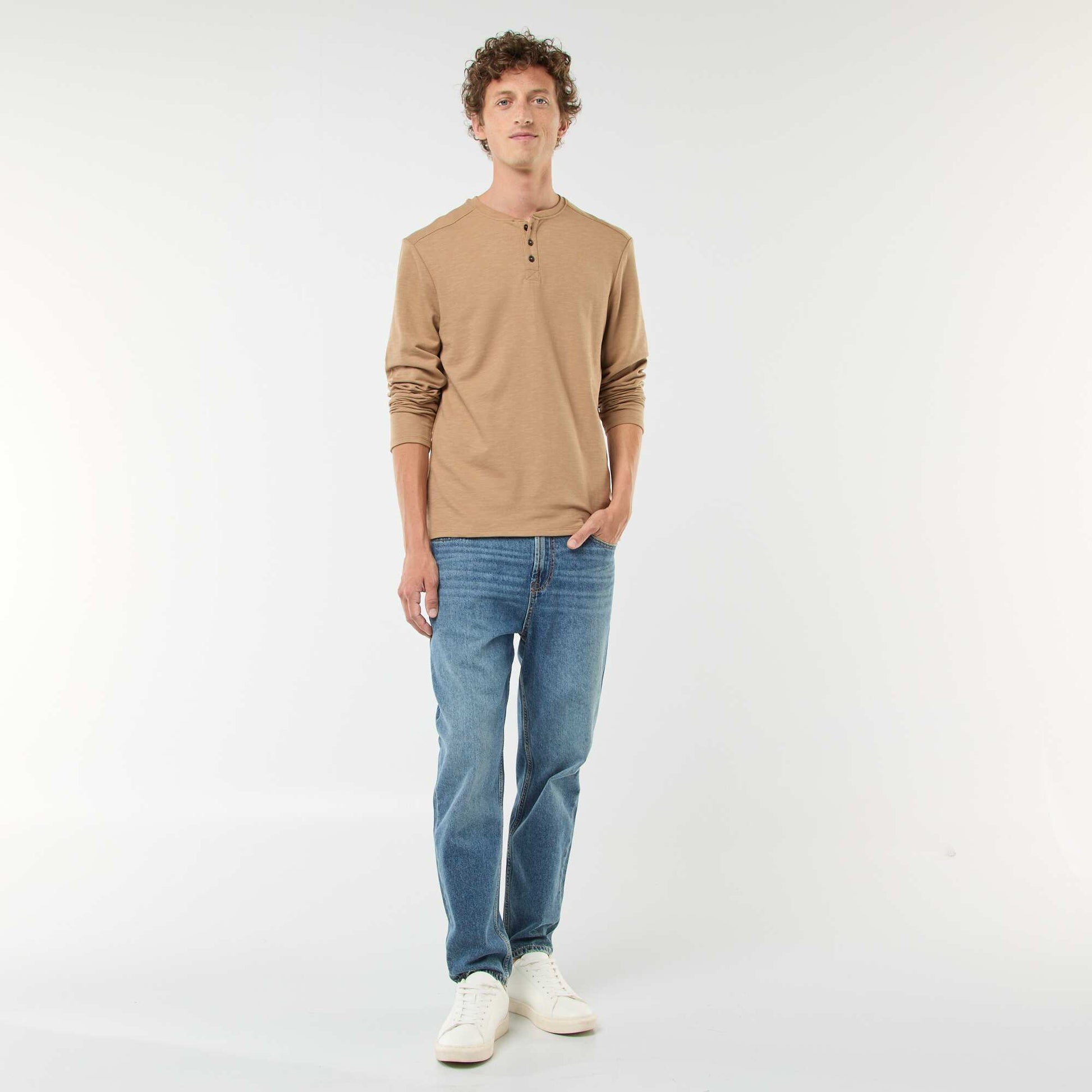 Long-sleeved T-shirt with henley collar BEIGE