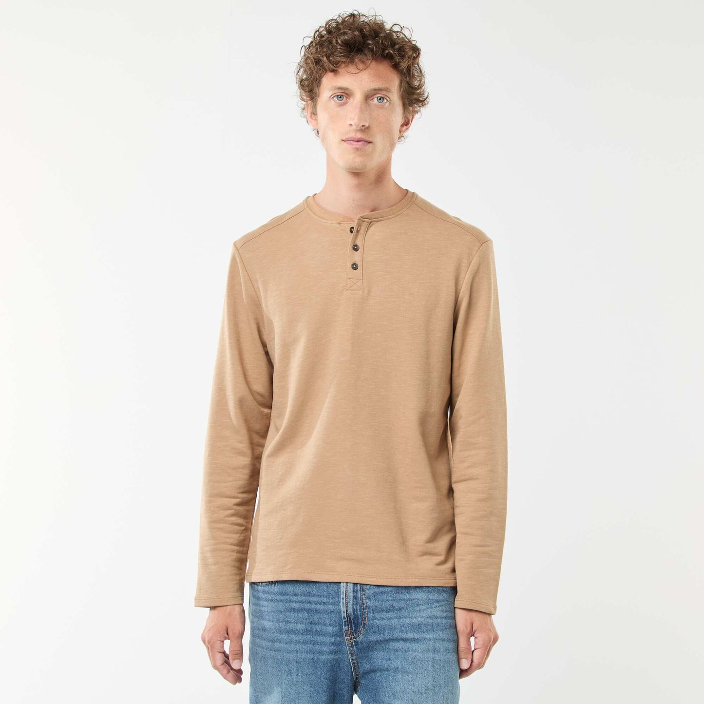 Long-sleeved T-shirt with henley collar BEIGE