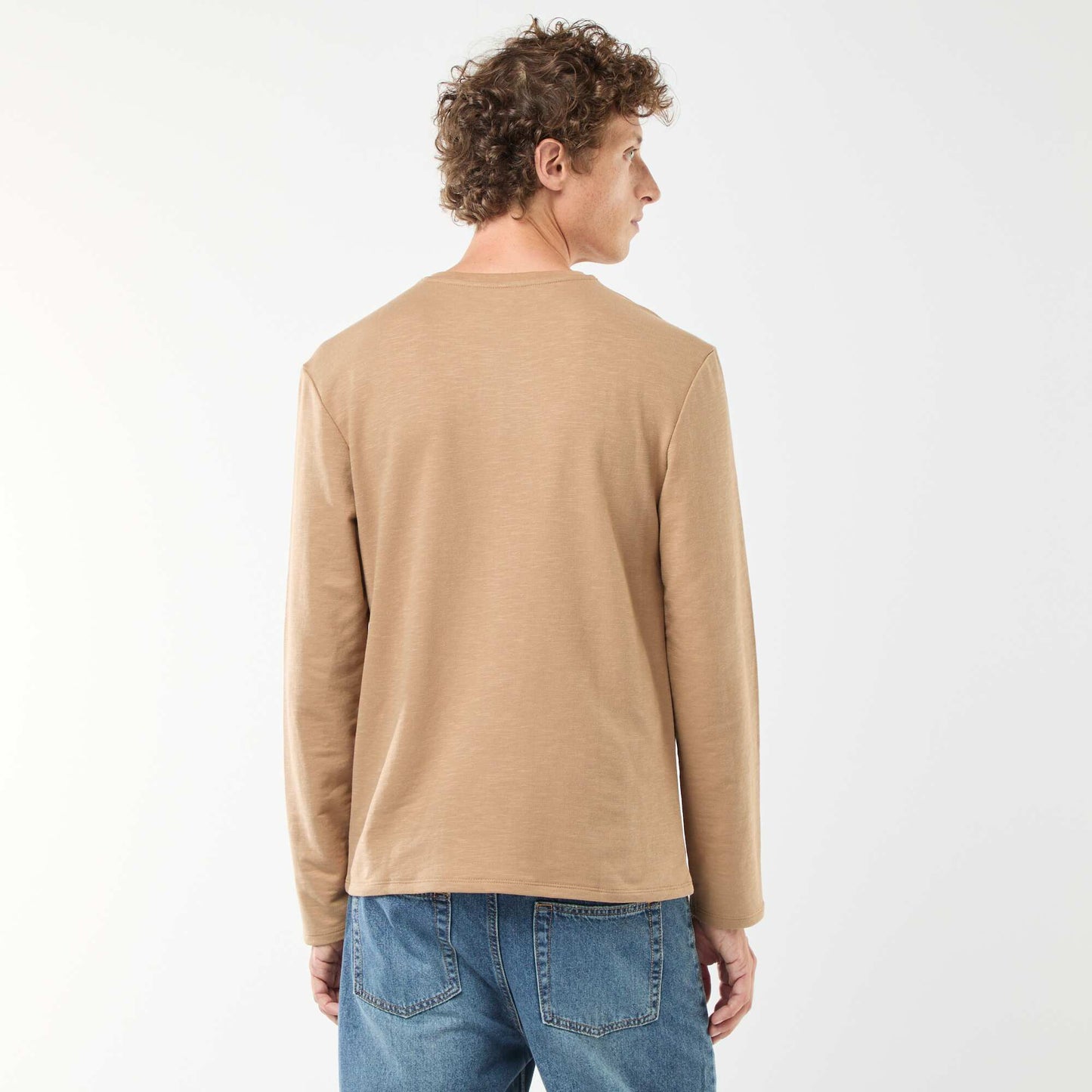Long-sleeved T-shirt with henley collar BEIGE