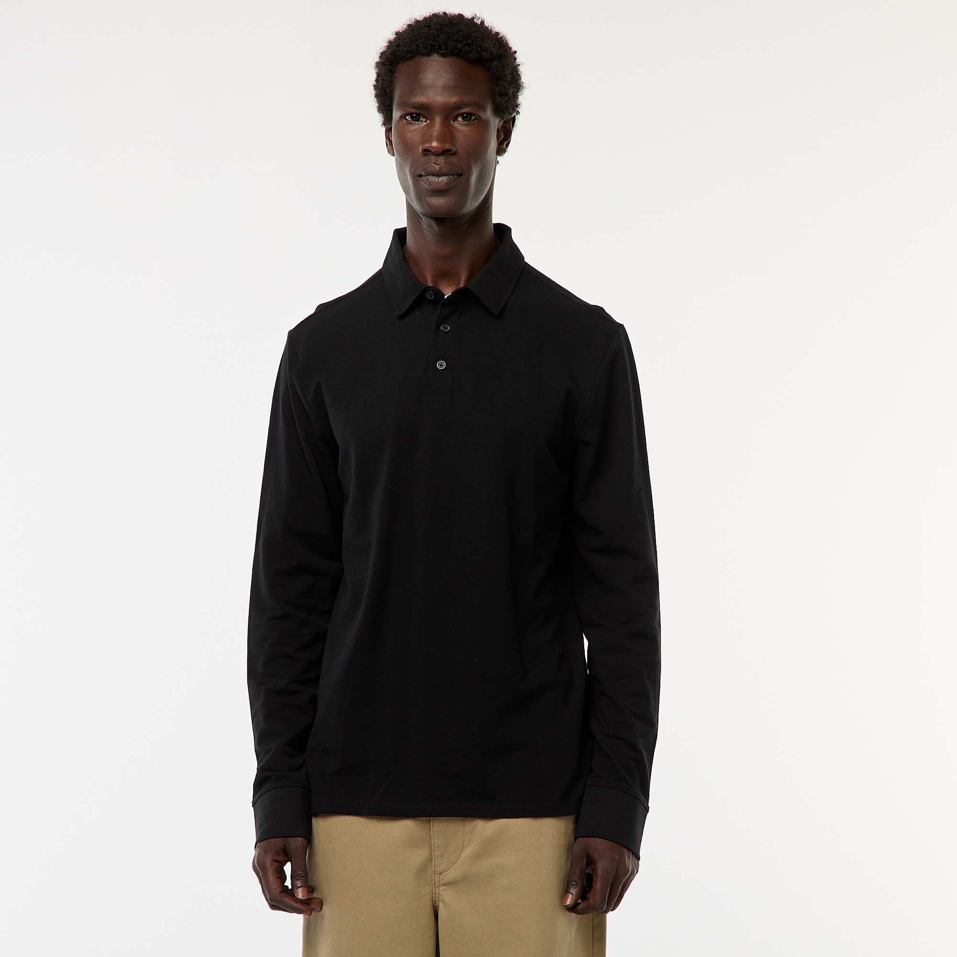 Plain long-sleeved piqué knit polo shirt BLACK