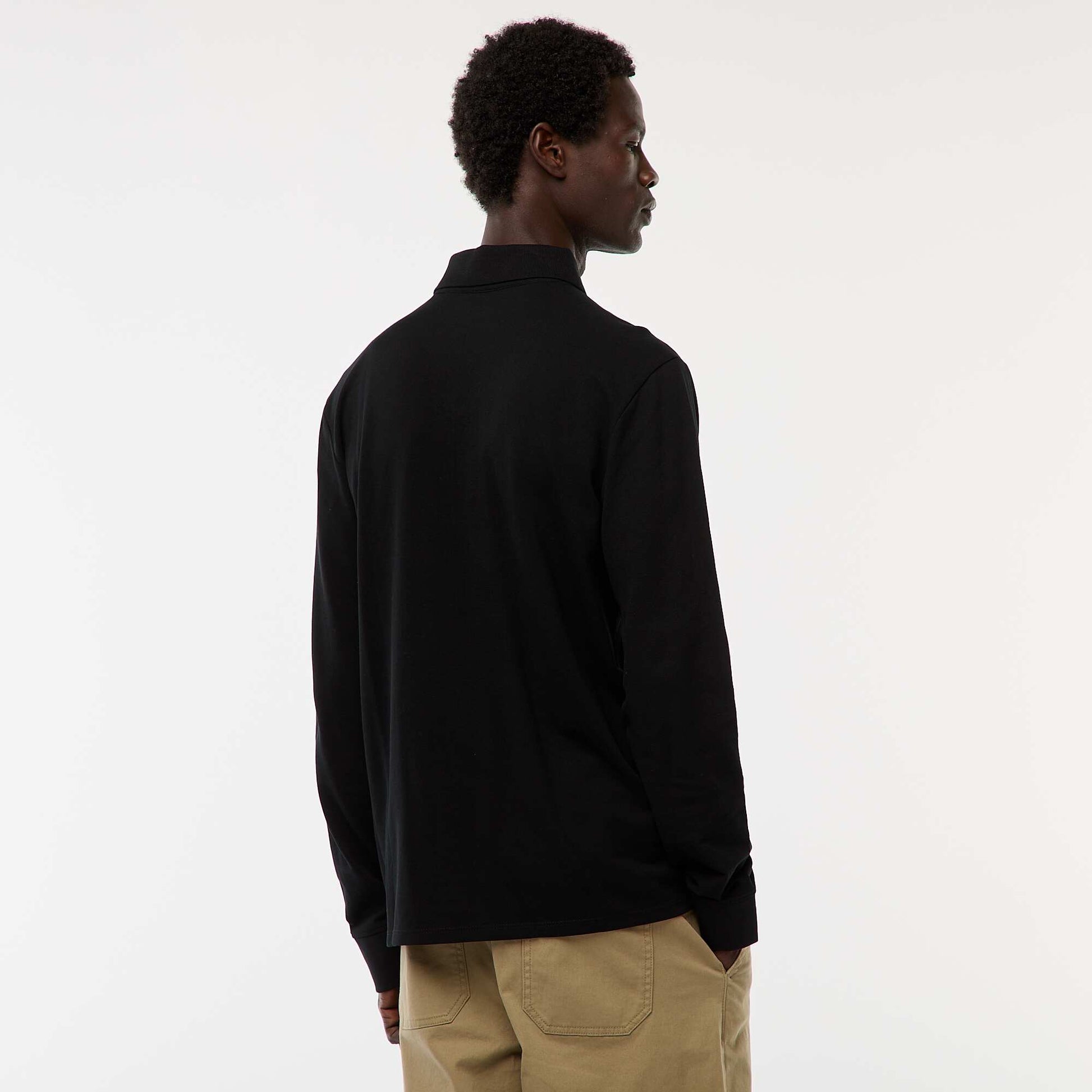 Plain long-sleeved piqué knit polo shirt BLACK
