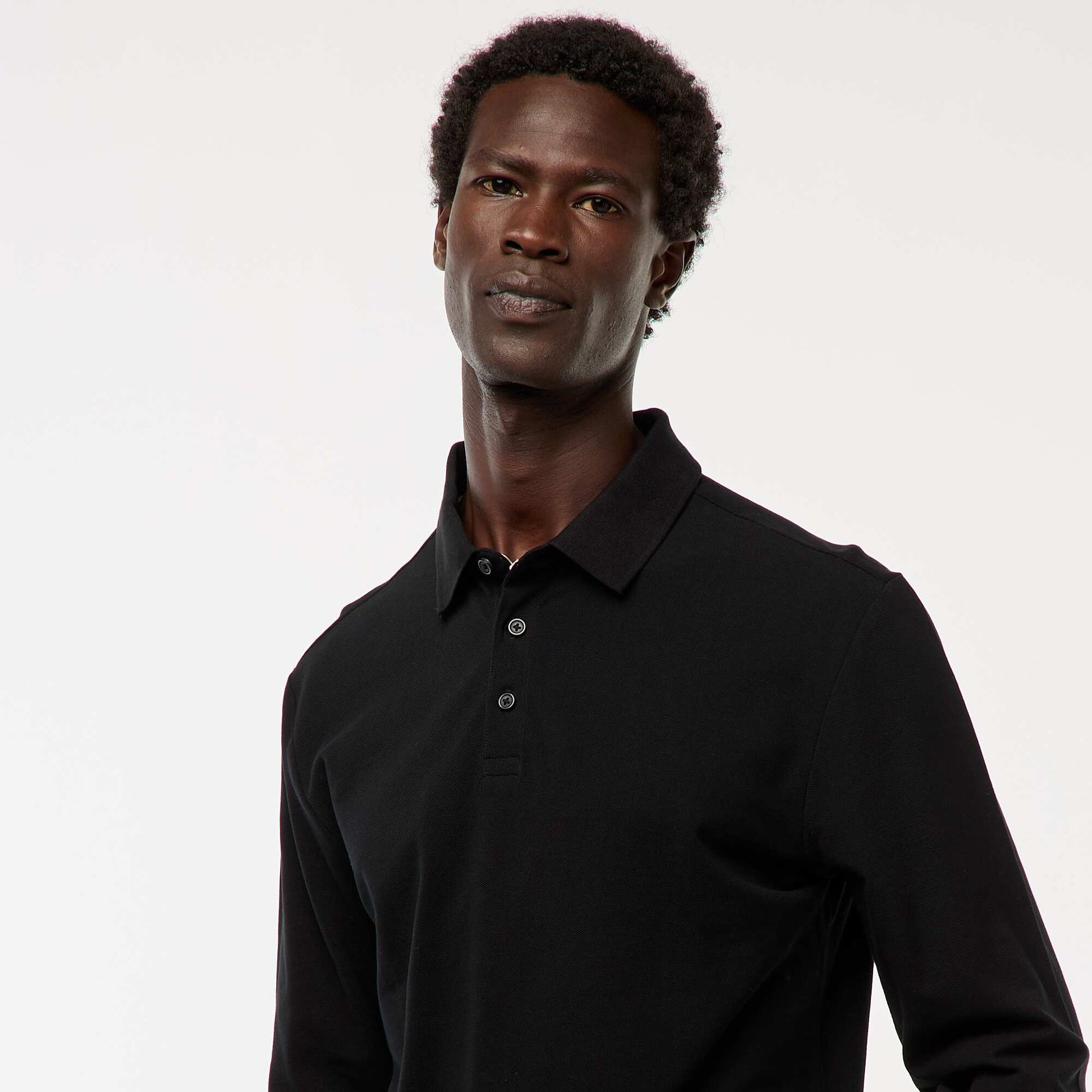 Plain long-sleeved piqué knit polo shirt BLACK