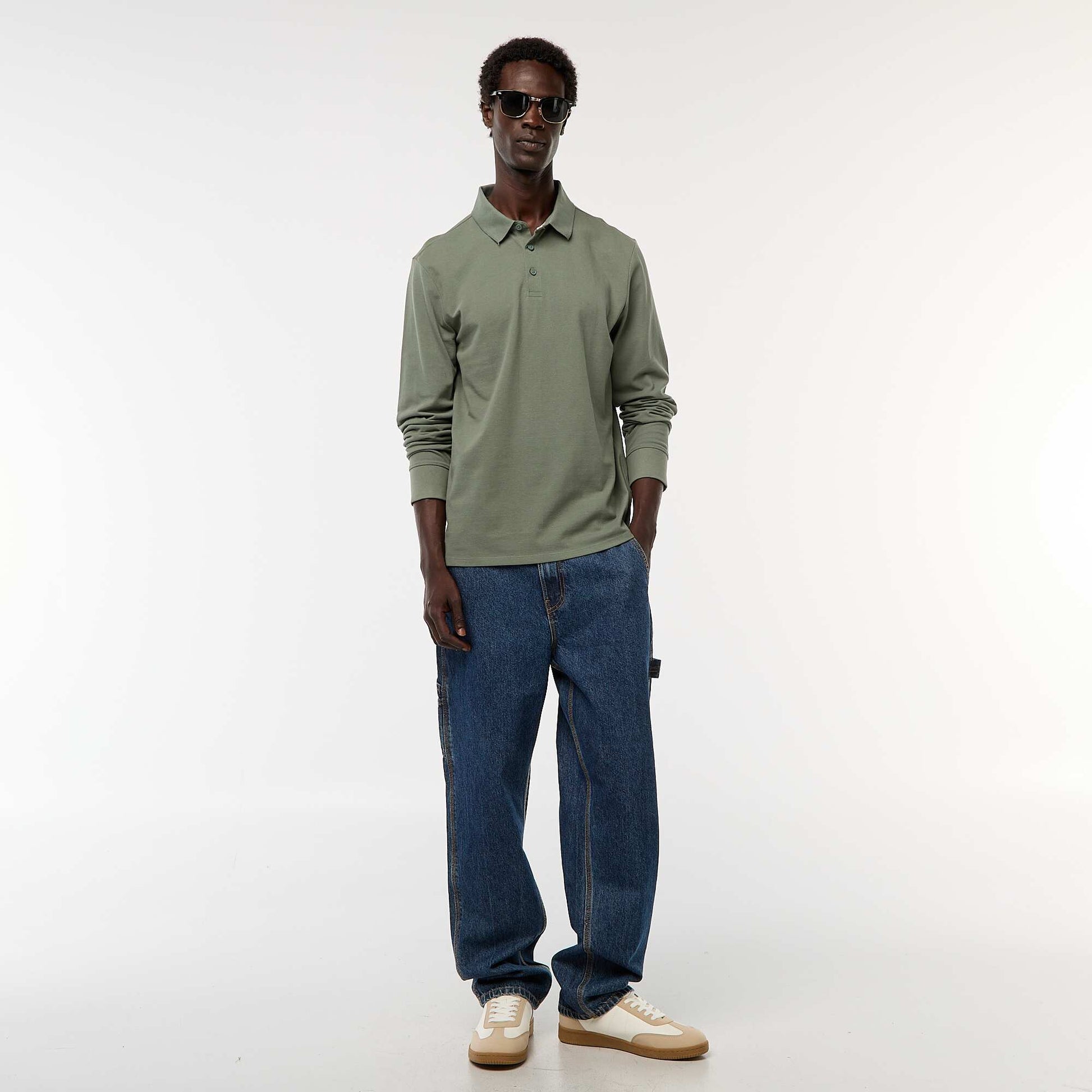 Plain long-sleeved piqué knit polo shirt GREEN