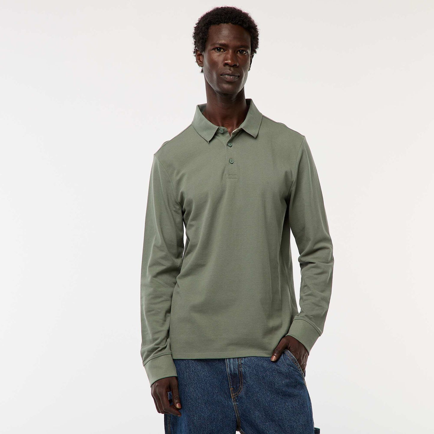 Plain long-sleeved piqué knit polo shirt GREEN