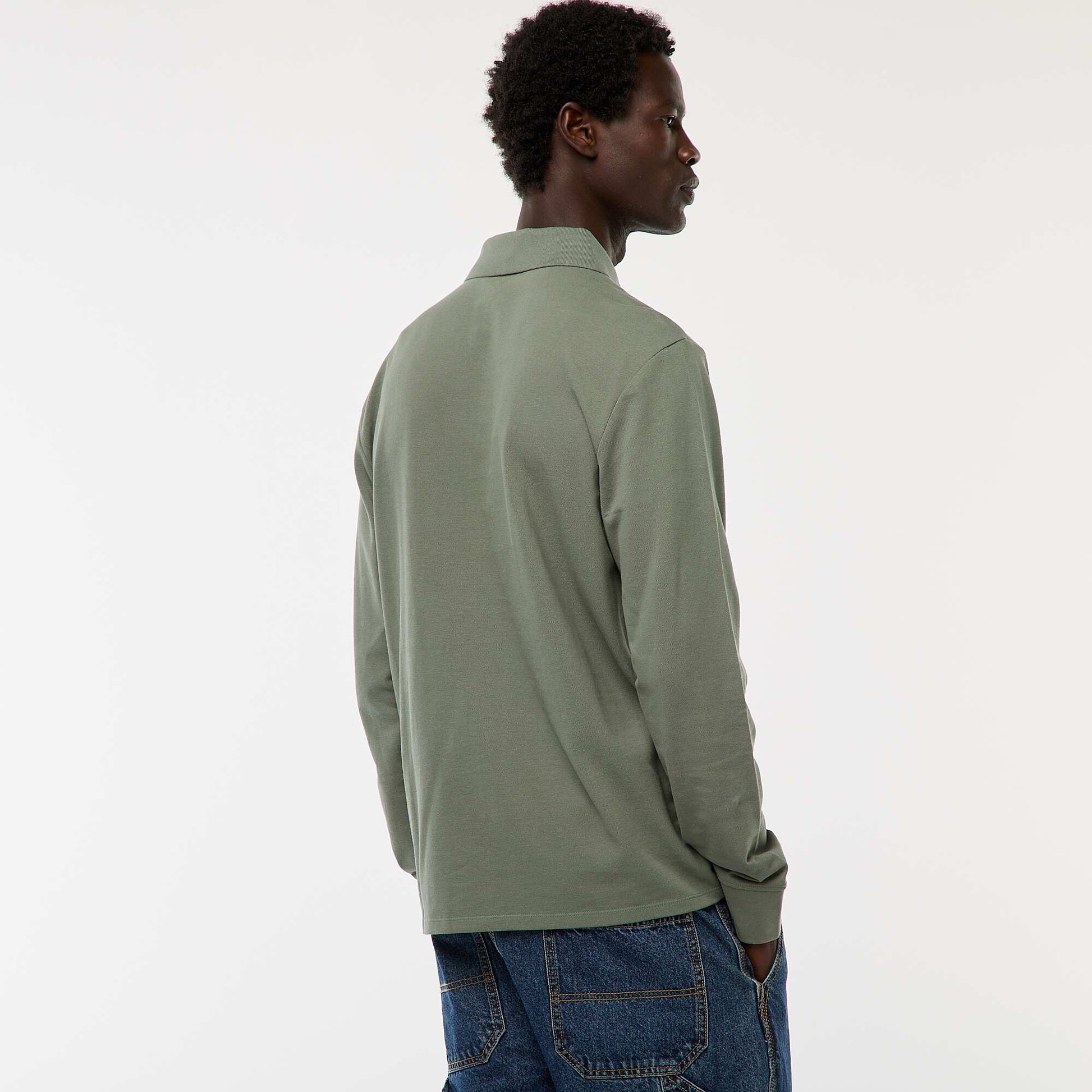 Plain long-sleeved piqué knit polo shirt GREEN
