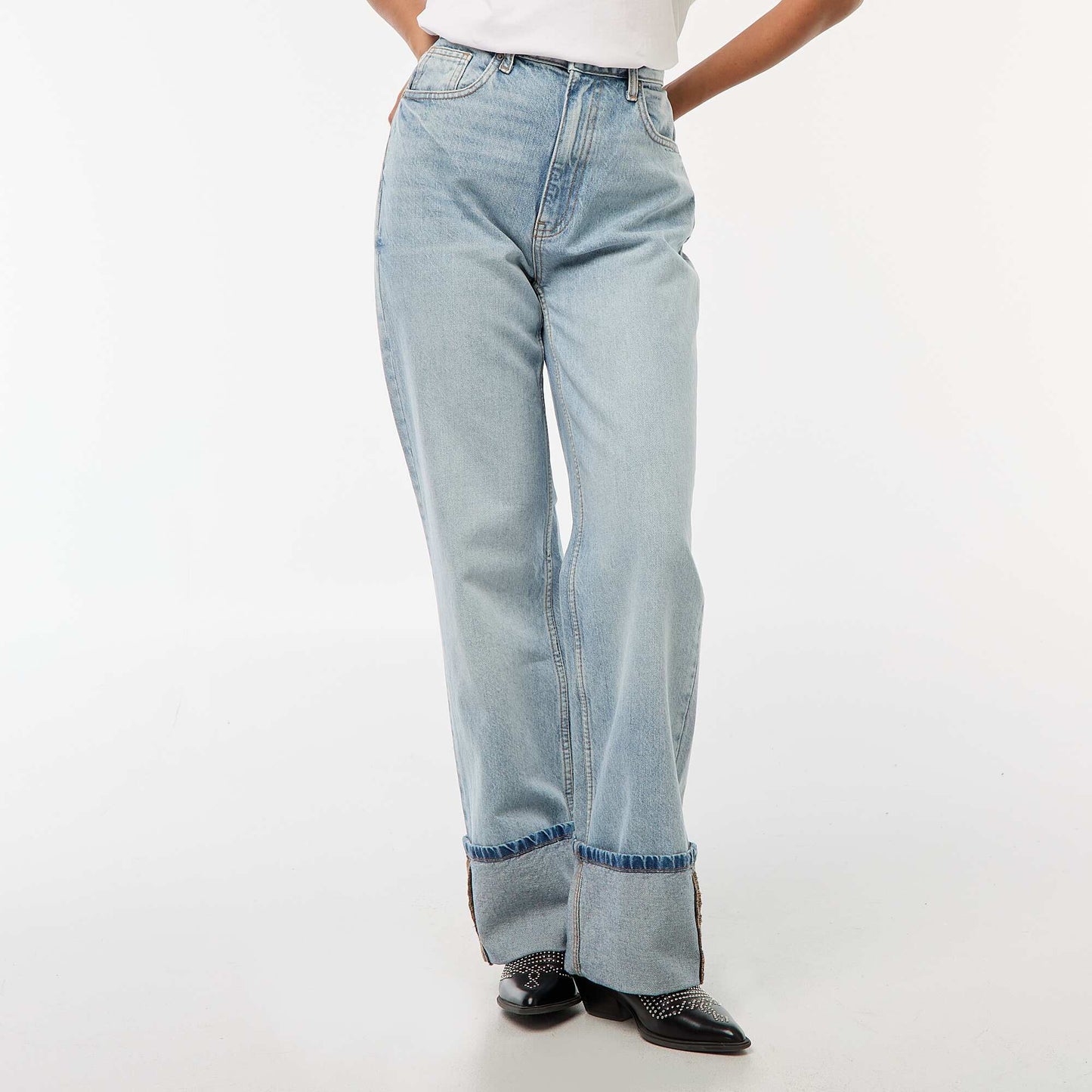 Regular High-Waisted Jeans with Wide Turn-Up Hems BLUE