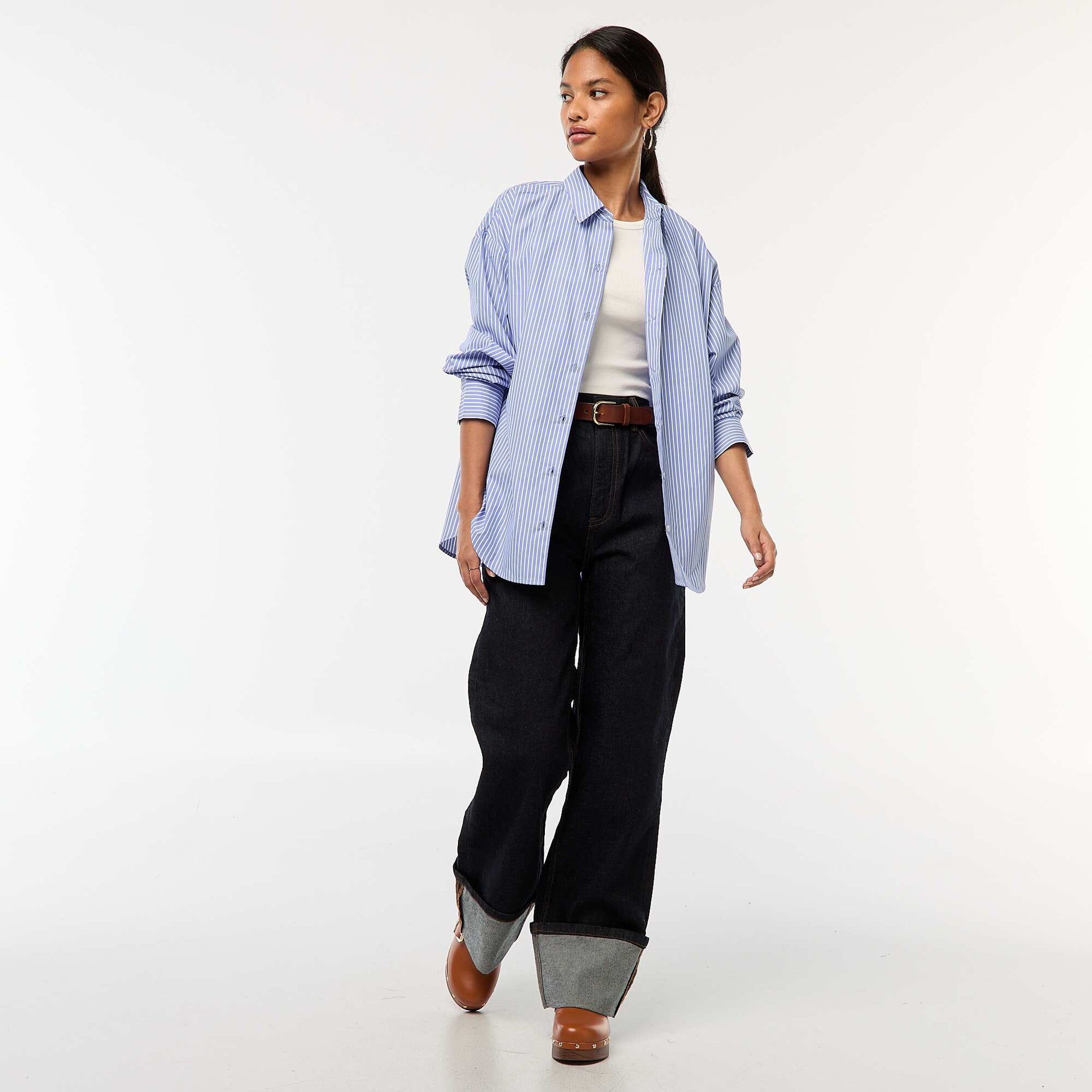 Regular / High-Waisted Jeans with Wide Turn-Up Hems BLUE