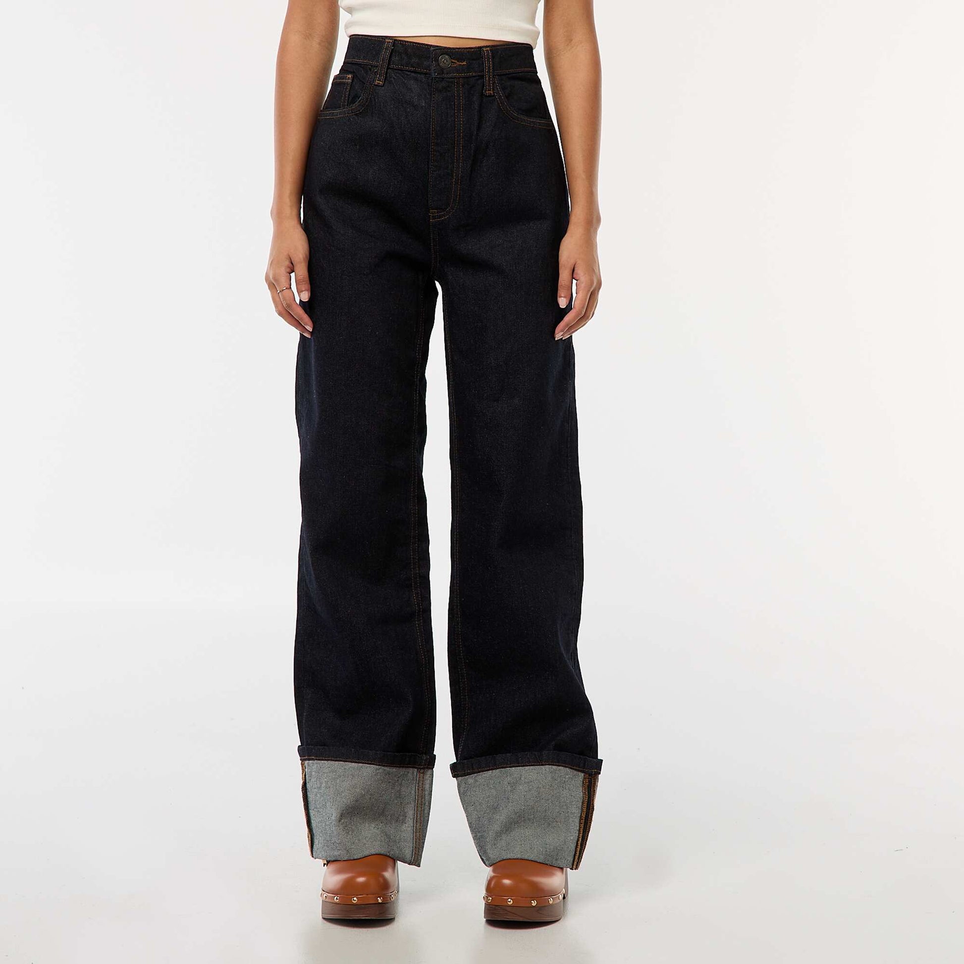 Regular / High-Waisted Jeans with Wide Turn-Up Hems BLUE