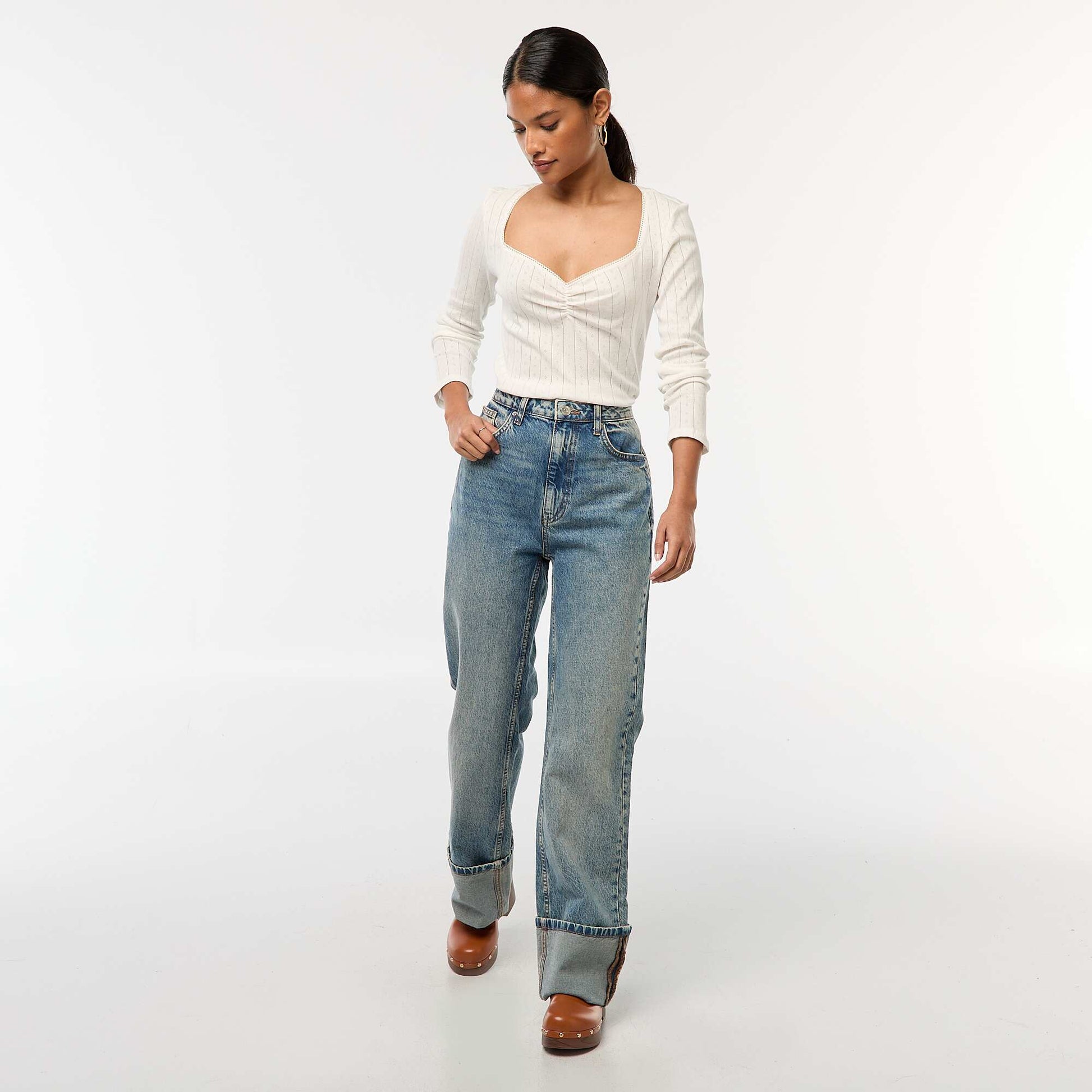 Regular High-Waisted Jeans with Wide Turn-Up Hems BLUE