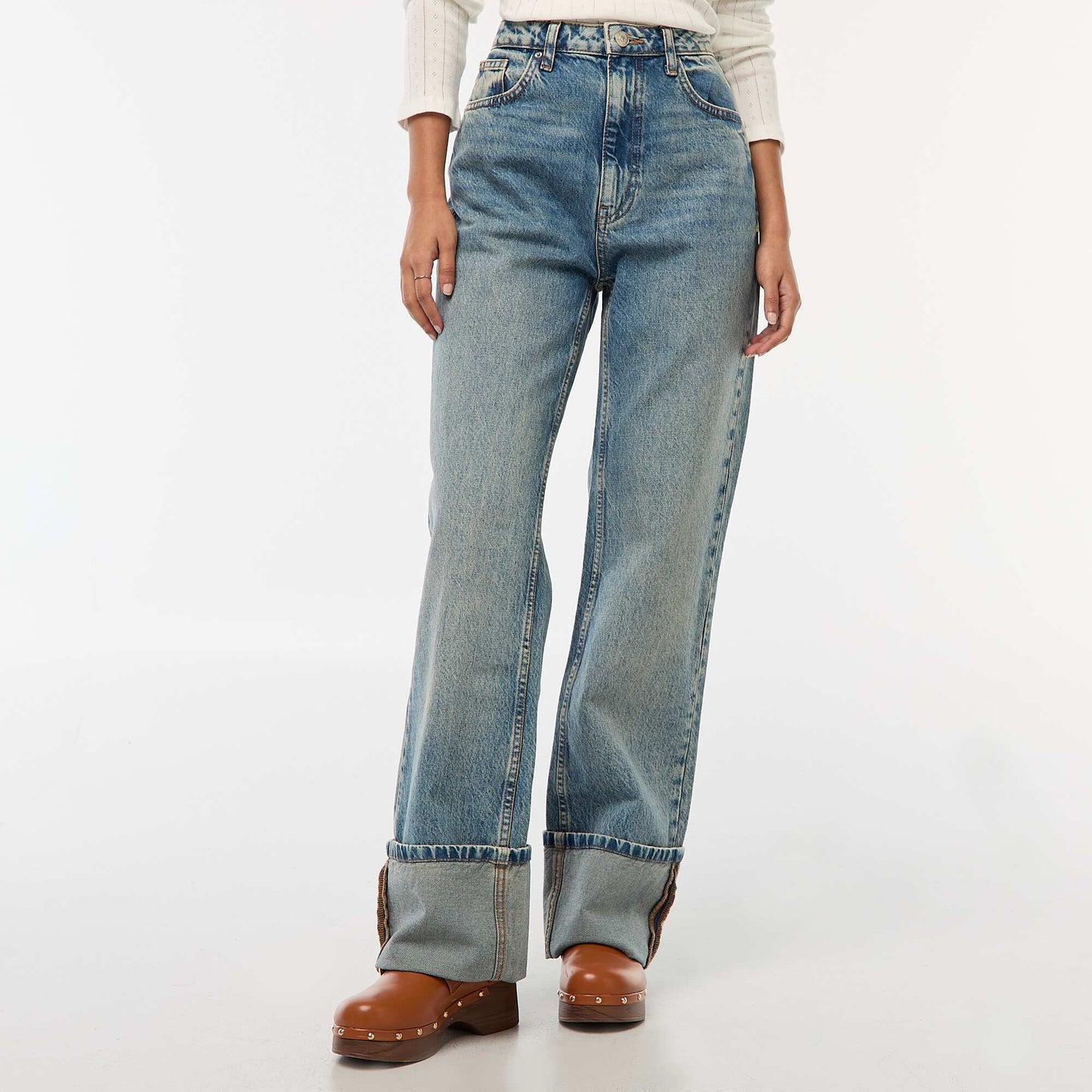 Regular High-Waisted Jeans with Wide Turn-Up Hems BLUE