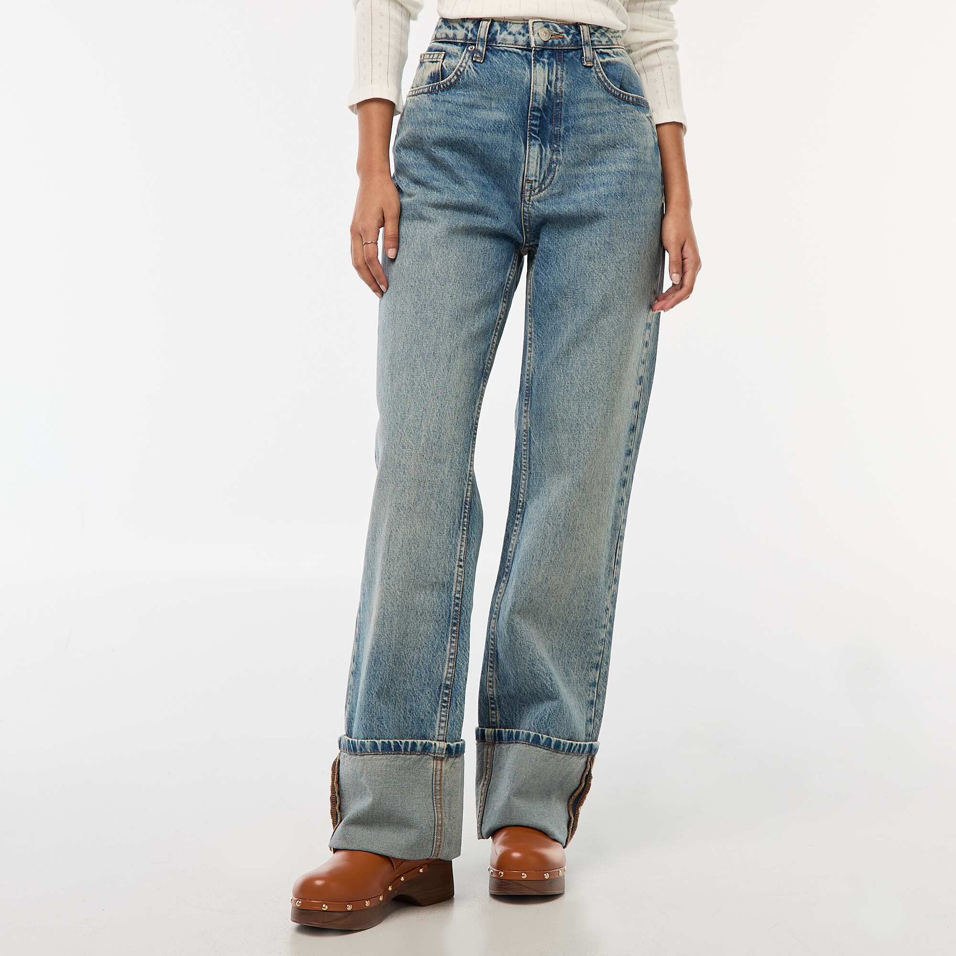 Regular High-Waisted Jeans with Wide Turn-Up Hems BLUE