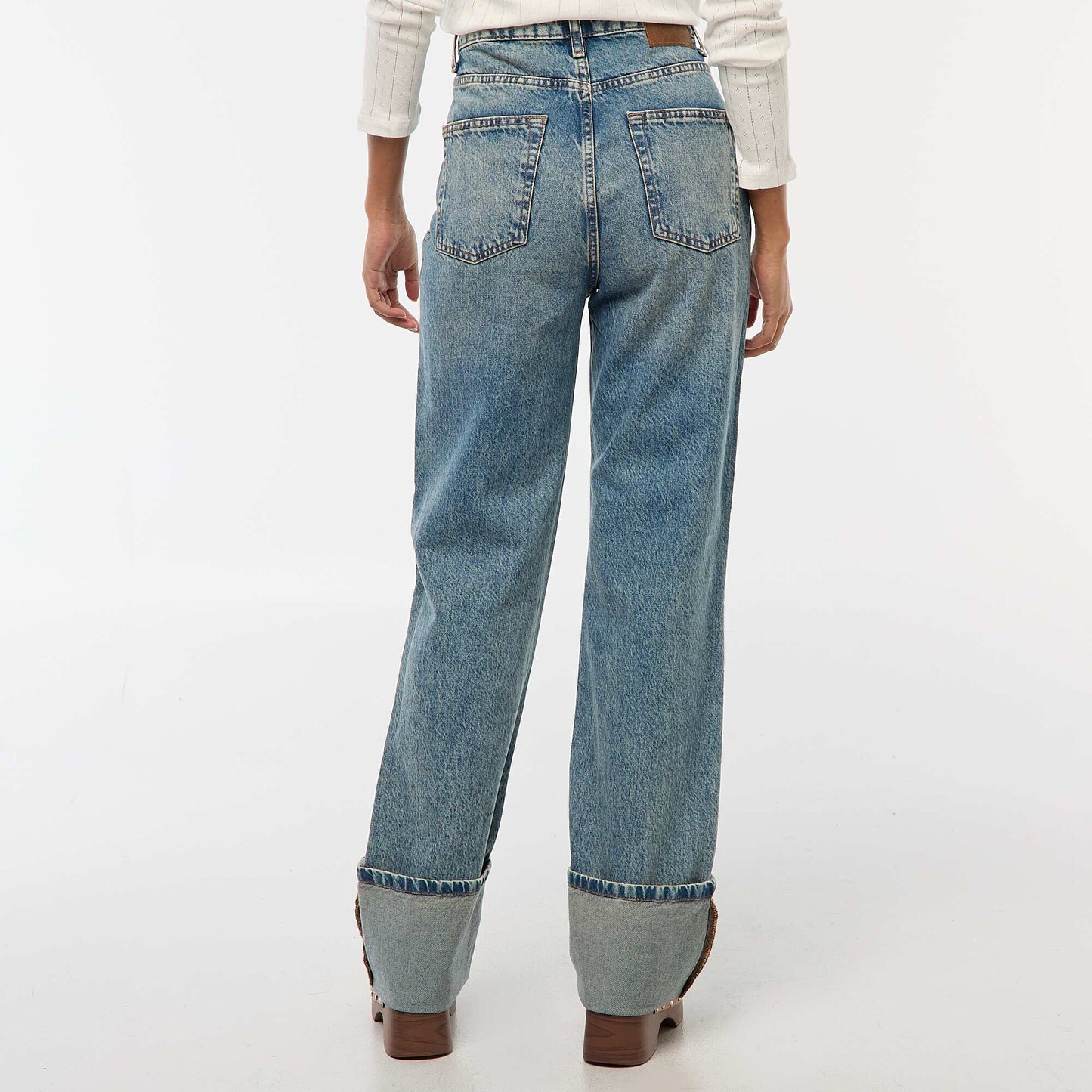 Regular High-Waisted Jeans with Wide Turn-Up Hems BLUE