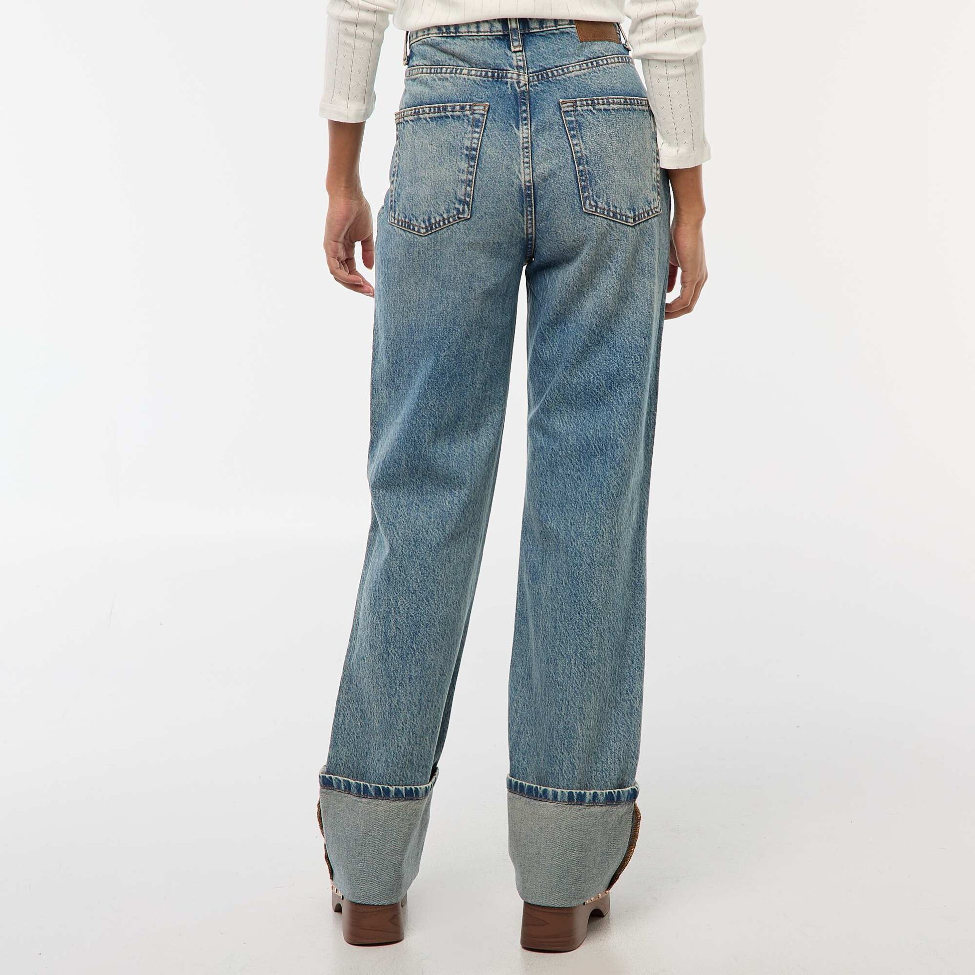 Regular High-Waisted Jeans with Wide Turn-Up Hems BLUE