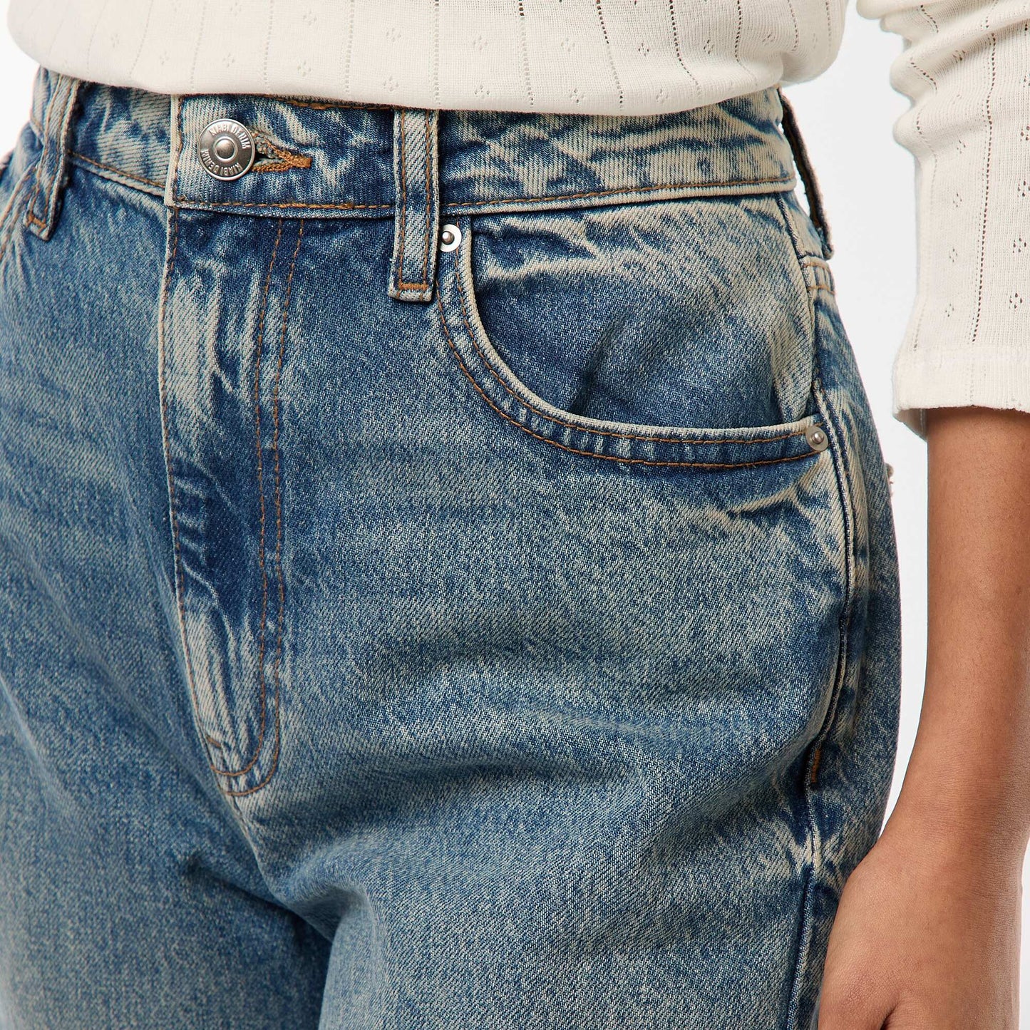 Regular High-Waisted Jeans with Wide Turn-Up Hems BLUE