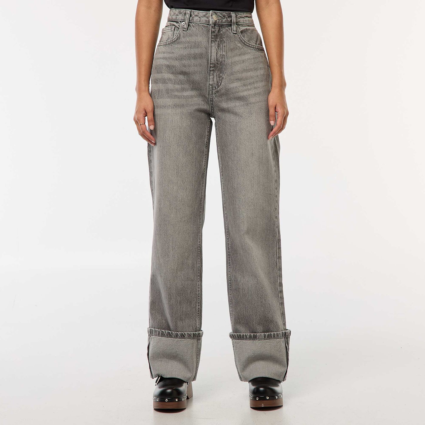 Regular High-Waisted Jeans with Wide Turn-Up Hems GREY