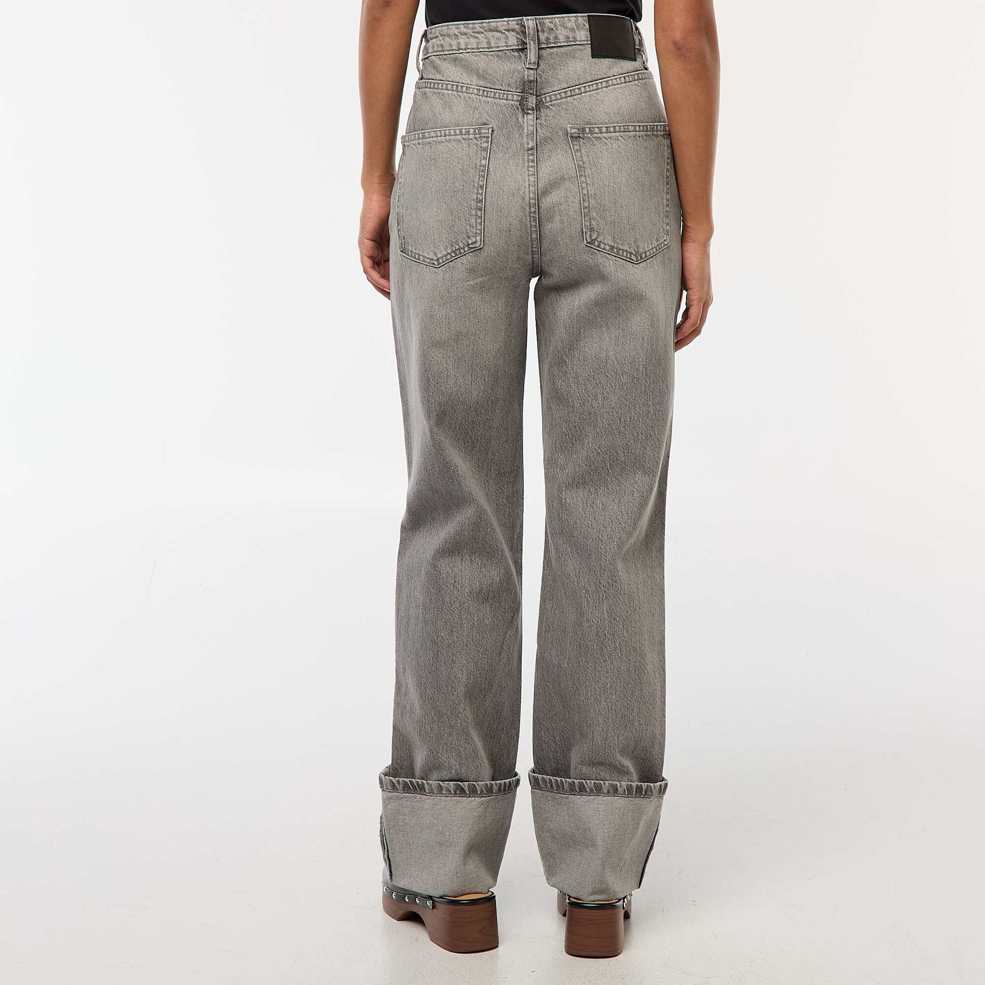 Regular High-Waisted Jeans with Wide Turn-Up Hems GREY