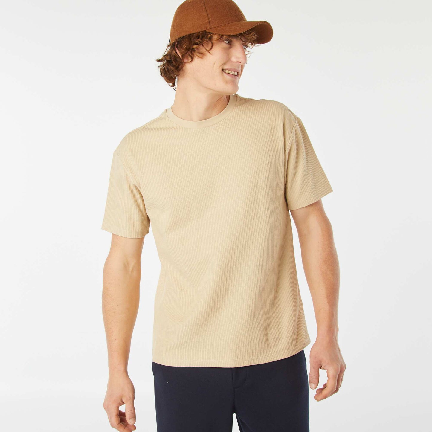 Plain textured short-sleeved T-shirt BEIGE