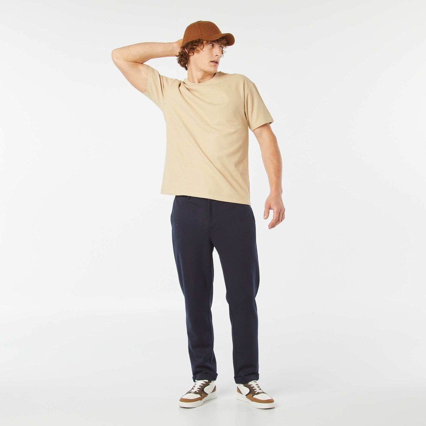 Plain textured short-sleeved T-shirt BEIGE