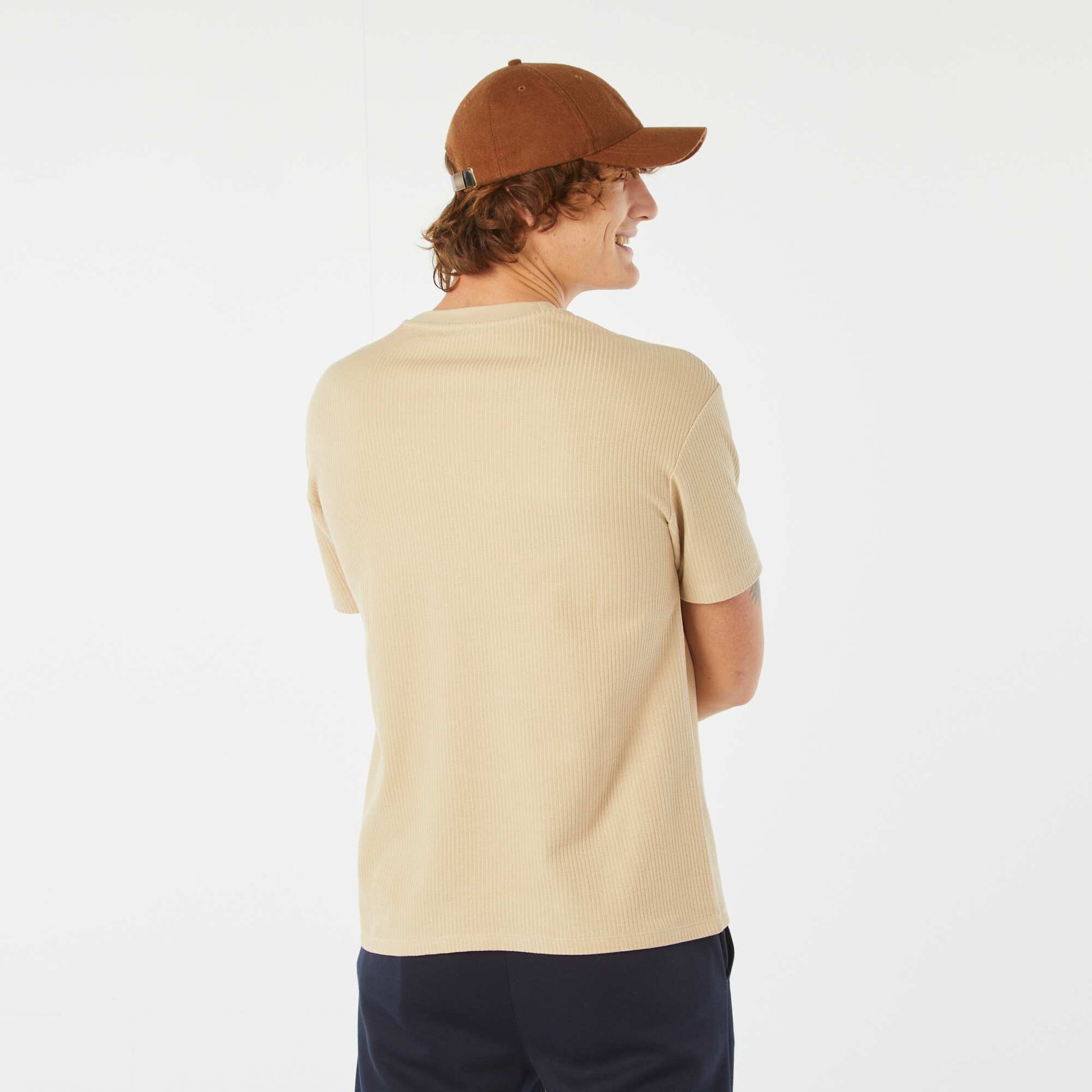 Plain textured short-sleeved T-shirt BEIGE