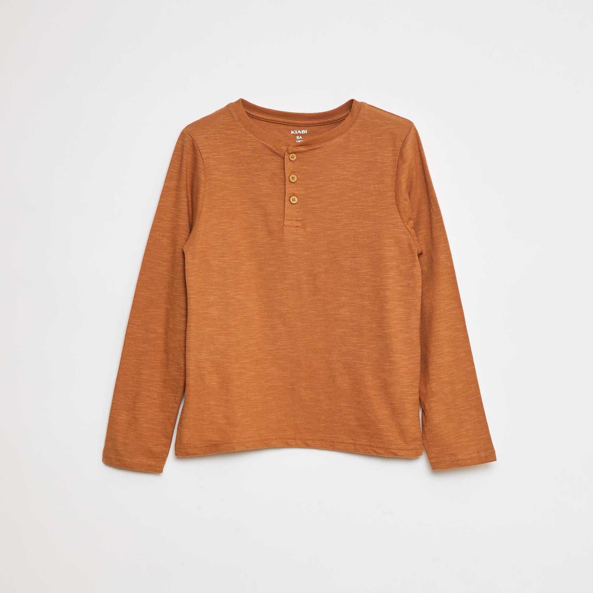 Long-sleeved T-shirt with grandad collar BROWN
