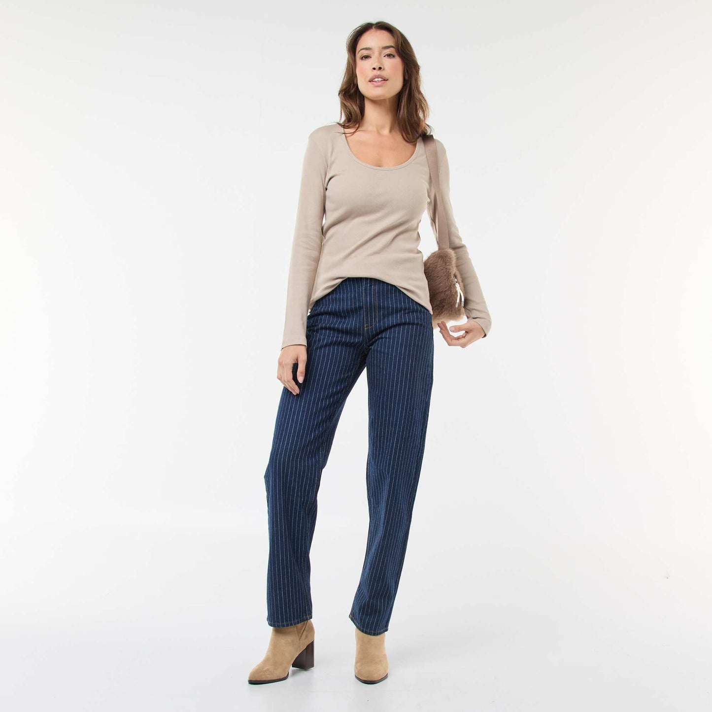 Long-Sleeved Ribbed T-Shirt BEIGE