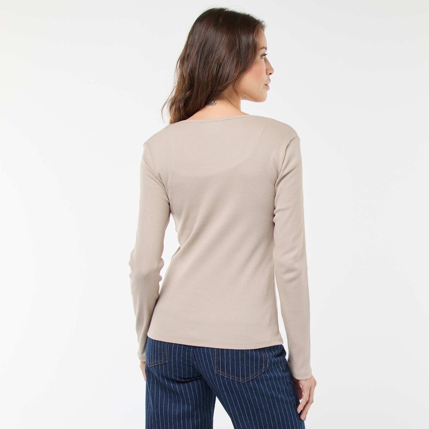 Long-Sleeved Ribbed T-Shirt BEIGE