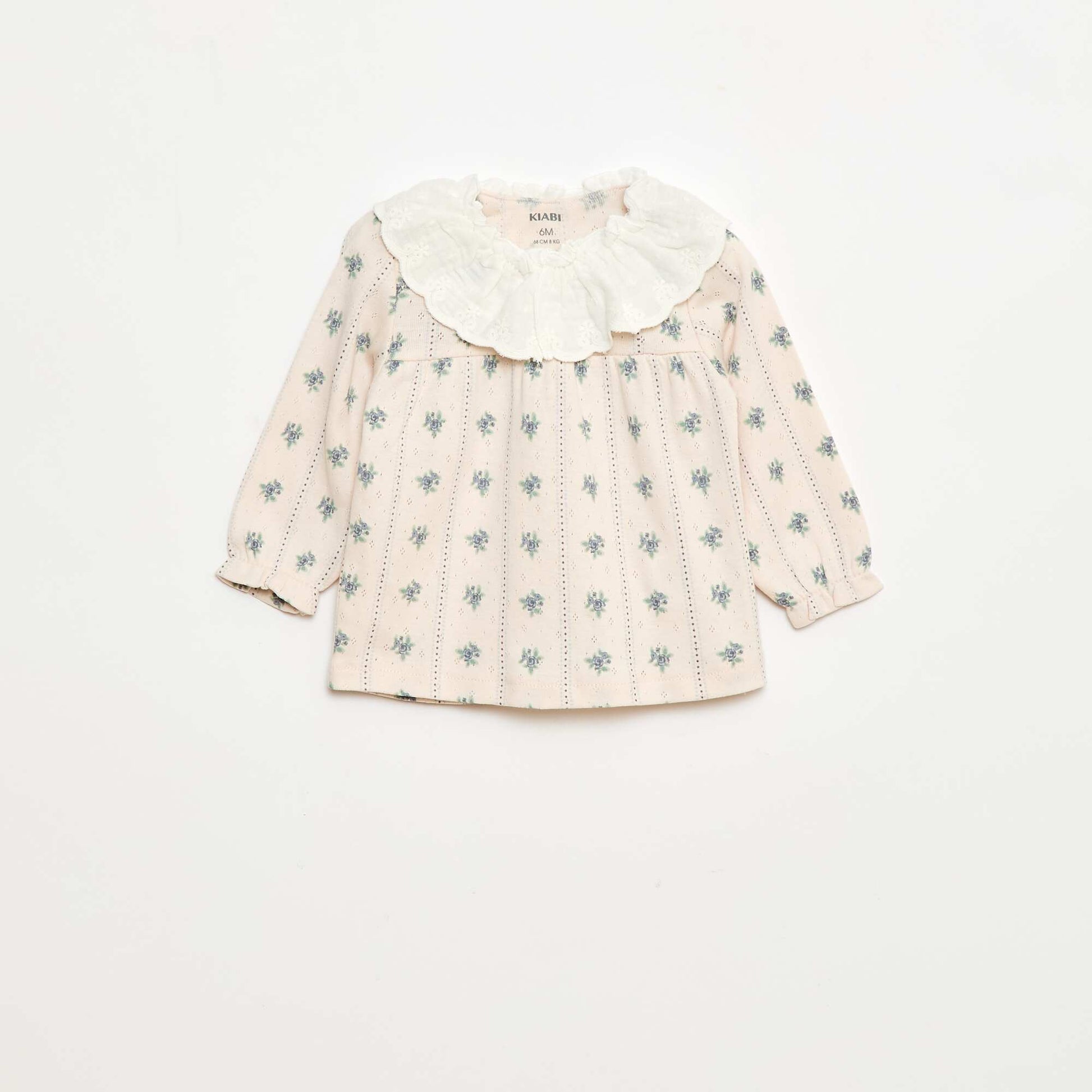 Pointelle Knit T-Shirt with Embroidered Collar PINK