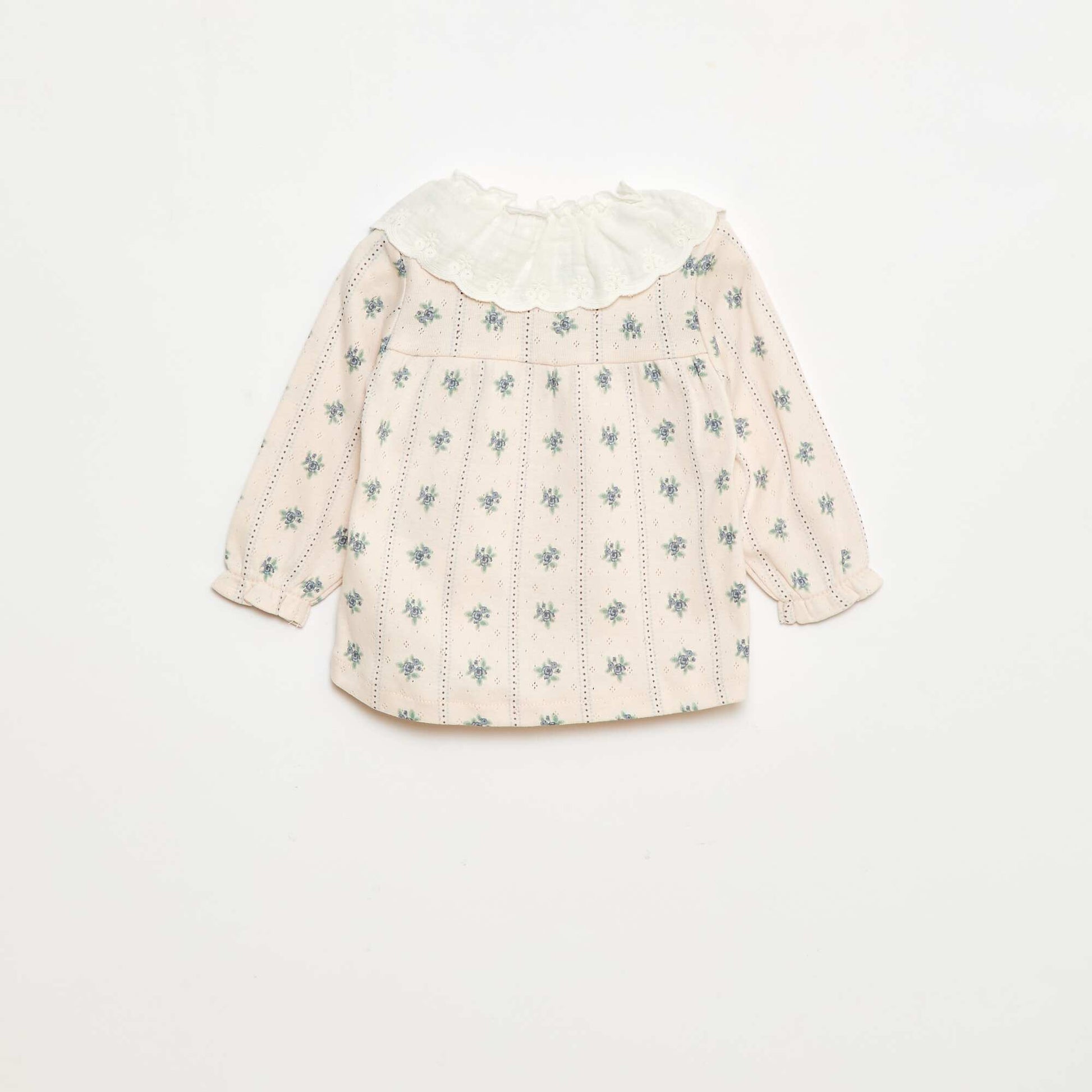 Pointelle Knit T-Shirt with Embroidered Collar PINK