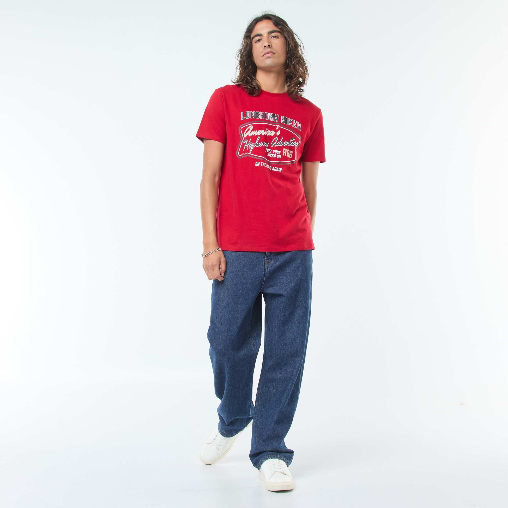 Short-sleeved printed T-shirt with round neck RED