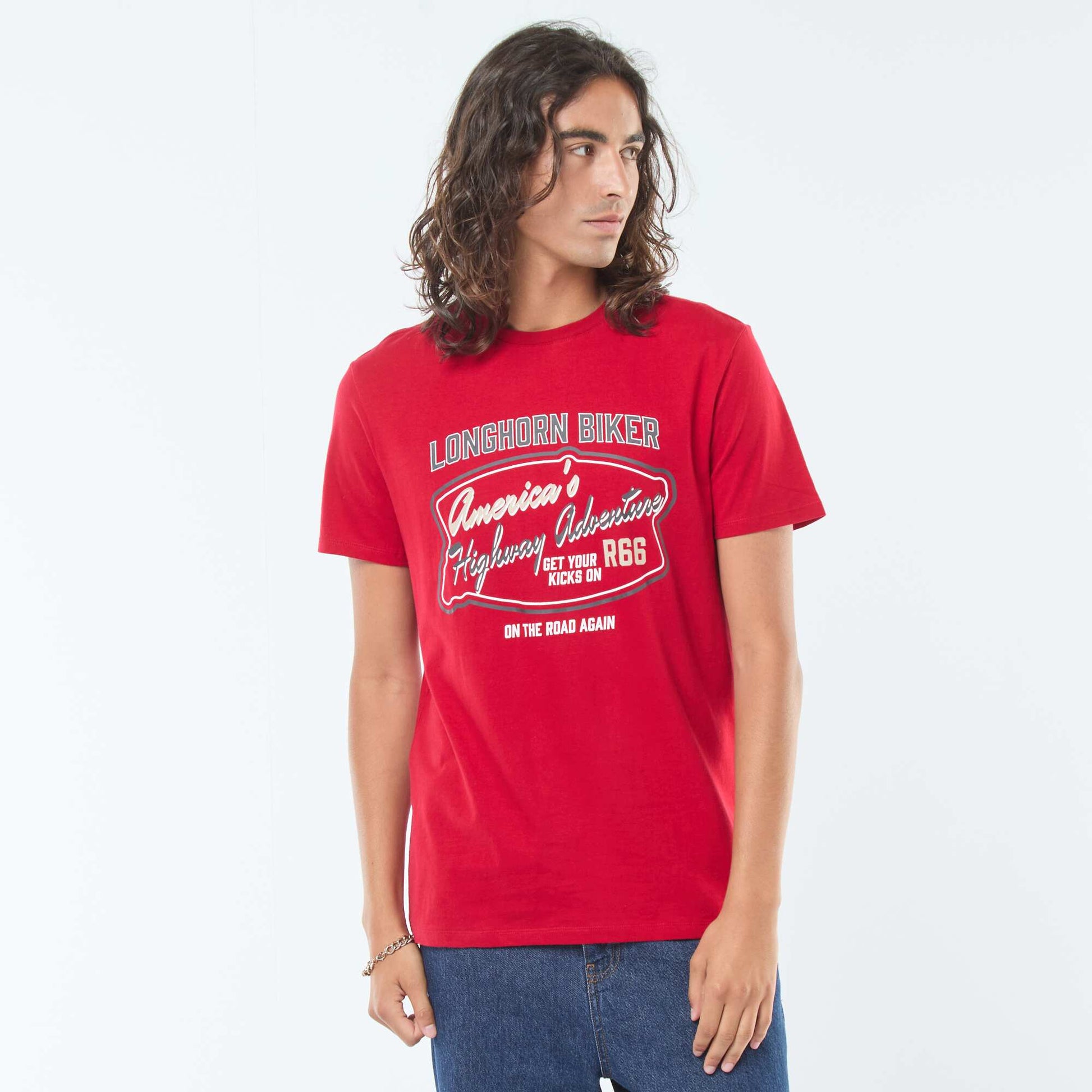 Short-sleeved printed T-shirt with round neck RED