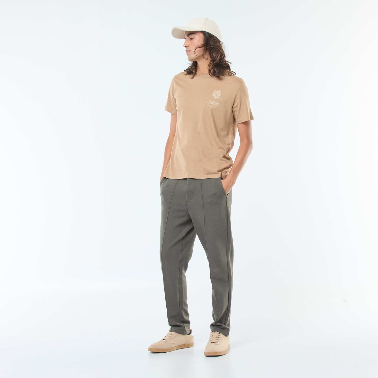 Short-sleeved printed T-shirt with round neck BEIGE
