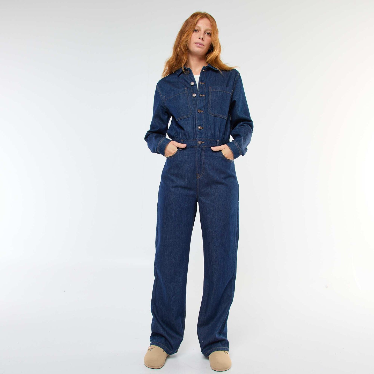 Long-Sleeved Denim Jumpsuit BLUE