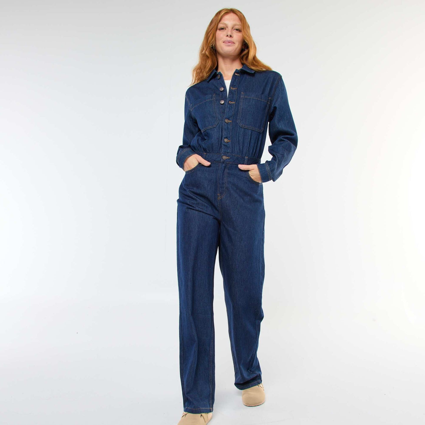 Long-Sleeved Denim Jumpsuit BLUE