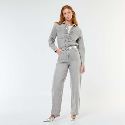Long-Sleeve Denim Jumpsuit GREY